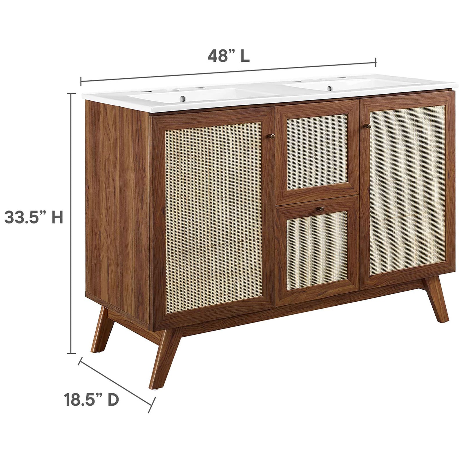 Overall vanity dimensions shown for length, depth, and height || EEI-6721-WAL-WHI || dimension_studio