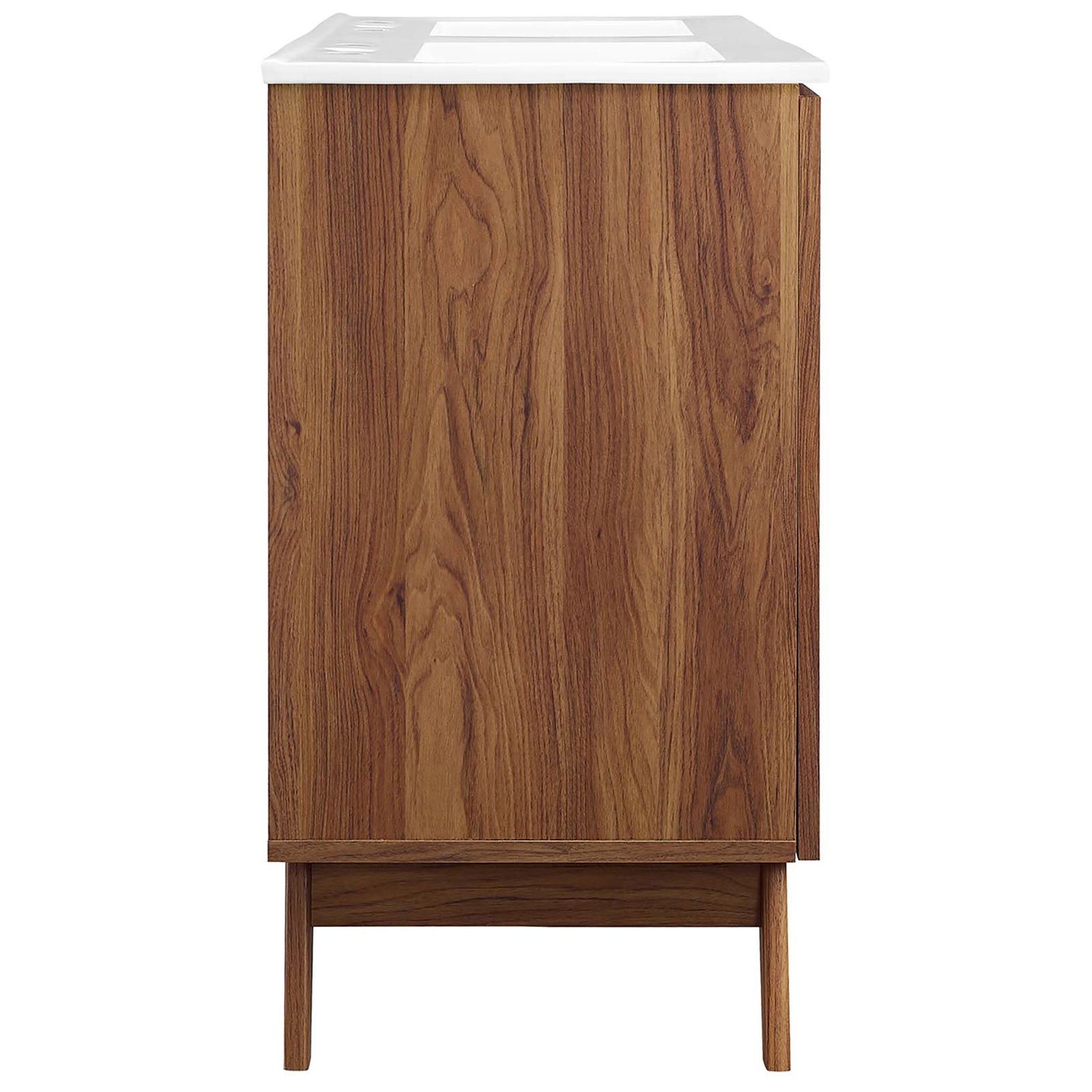 Walnut wood grain profile with splayed leg base and crisp white countertop || EEI-6721-WAL-WHI || side_studio