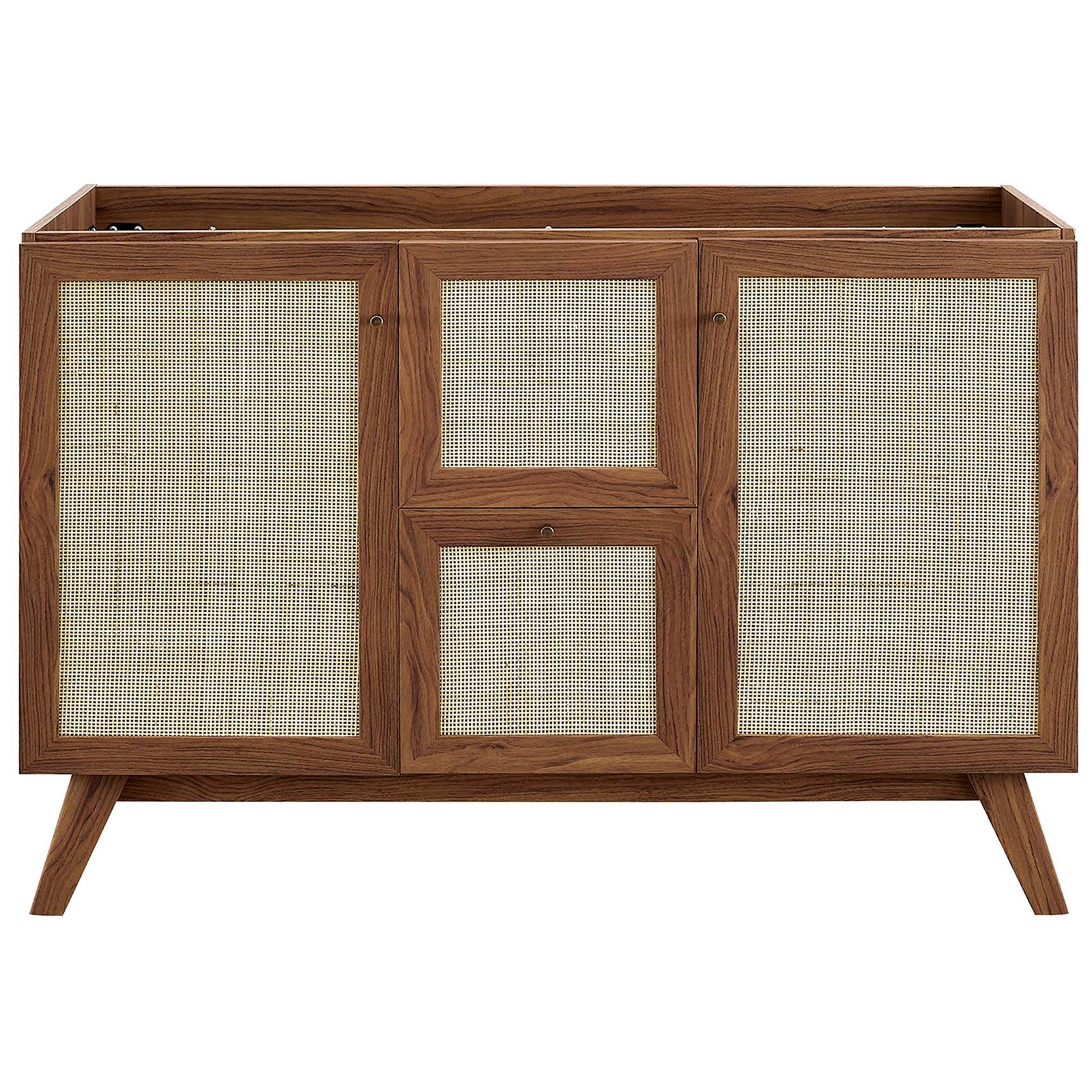 Rattan-front walnut cabinet with two doors and a central drawer on tapered legs || EEI-6721-WAL-WHI || front_partial_studio