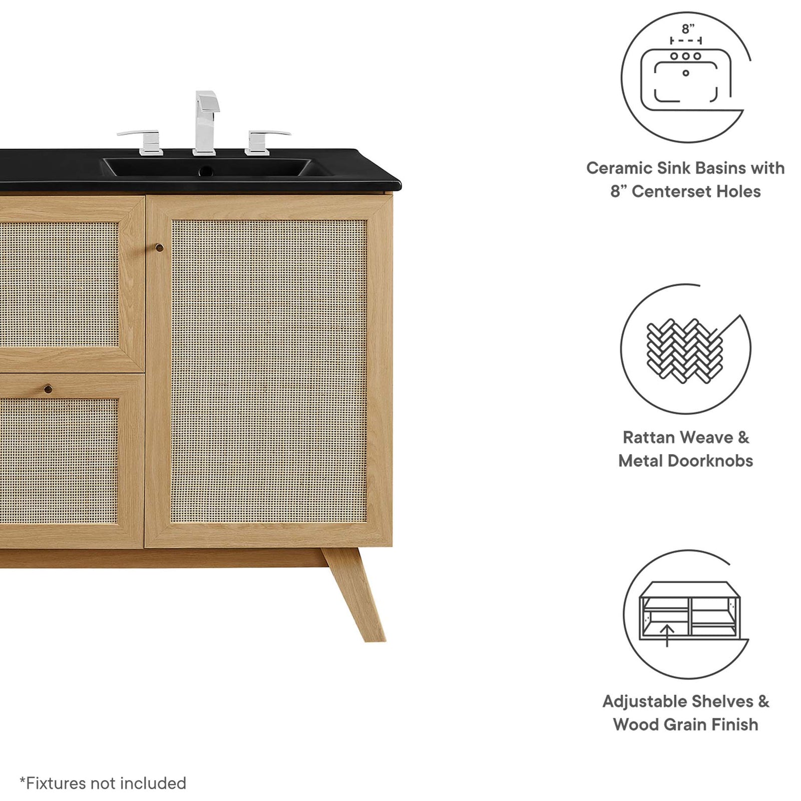Ceramic basins, rattan weave doors, brushed metal knobs, and adjustable shelves highlighted || EEI-6722-OAK-BLK || callout_studio