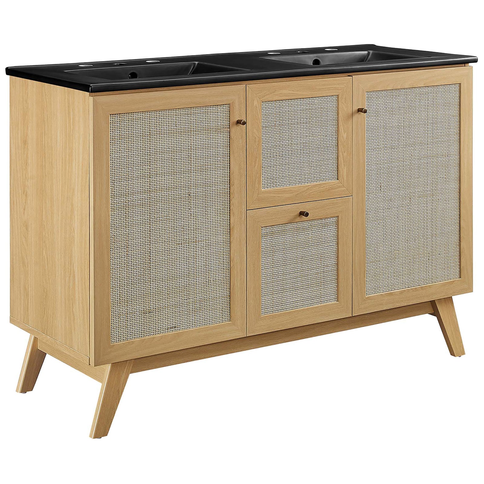 Airy rattan panels and a sleek black double basin top define this mid-century oak vanity || EEI-6722-OAK-BLK || front_angle_studio