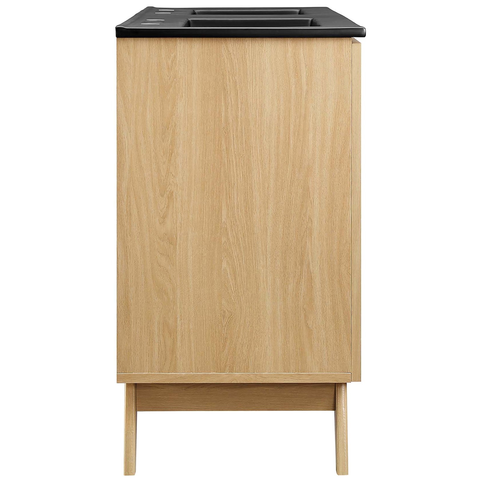 Slim oak profile with splayed legs and black countertop for a clean, modern bathroom look || EEI-6722-OAK-BLK || side_studio