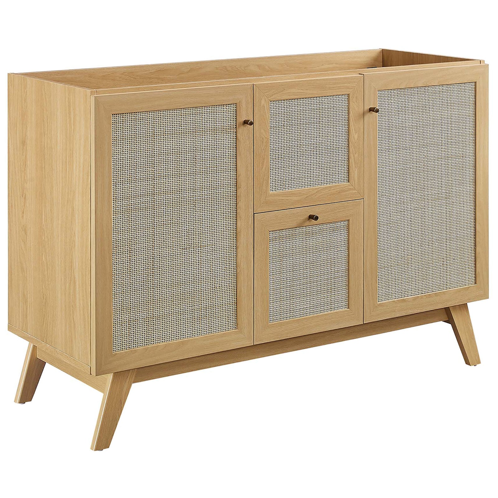 Oak cabinet with cane doors and central drawer, ready for your choice of countertop || EEI-6722-OAK-BLK || front_angle_partial_studio
