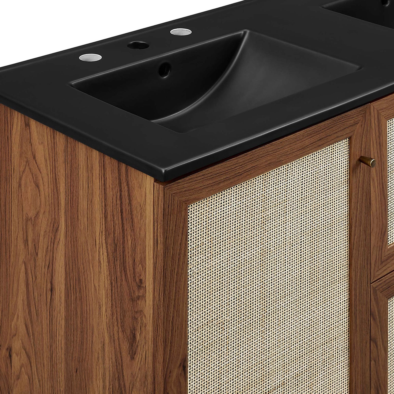 Textured rattan panels meet a matte black sink for striking contrast || EEI-6722-WAL-BLK || detail_studio