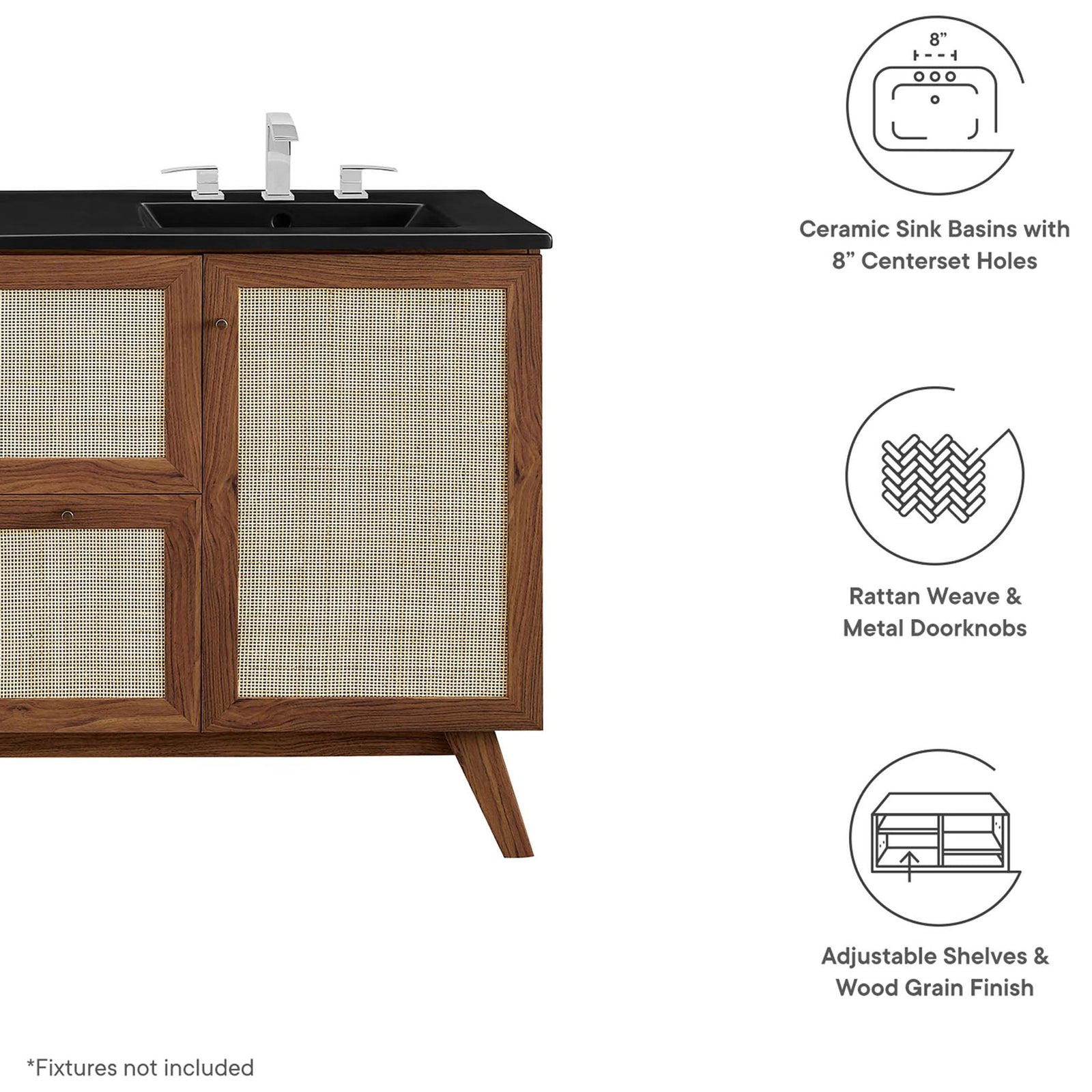 Key features: ceramic basins, rattan doors, adjustable shelves, metal knobs || EEI-6722-WAL-BLK || callout_studio