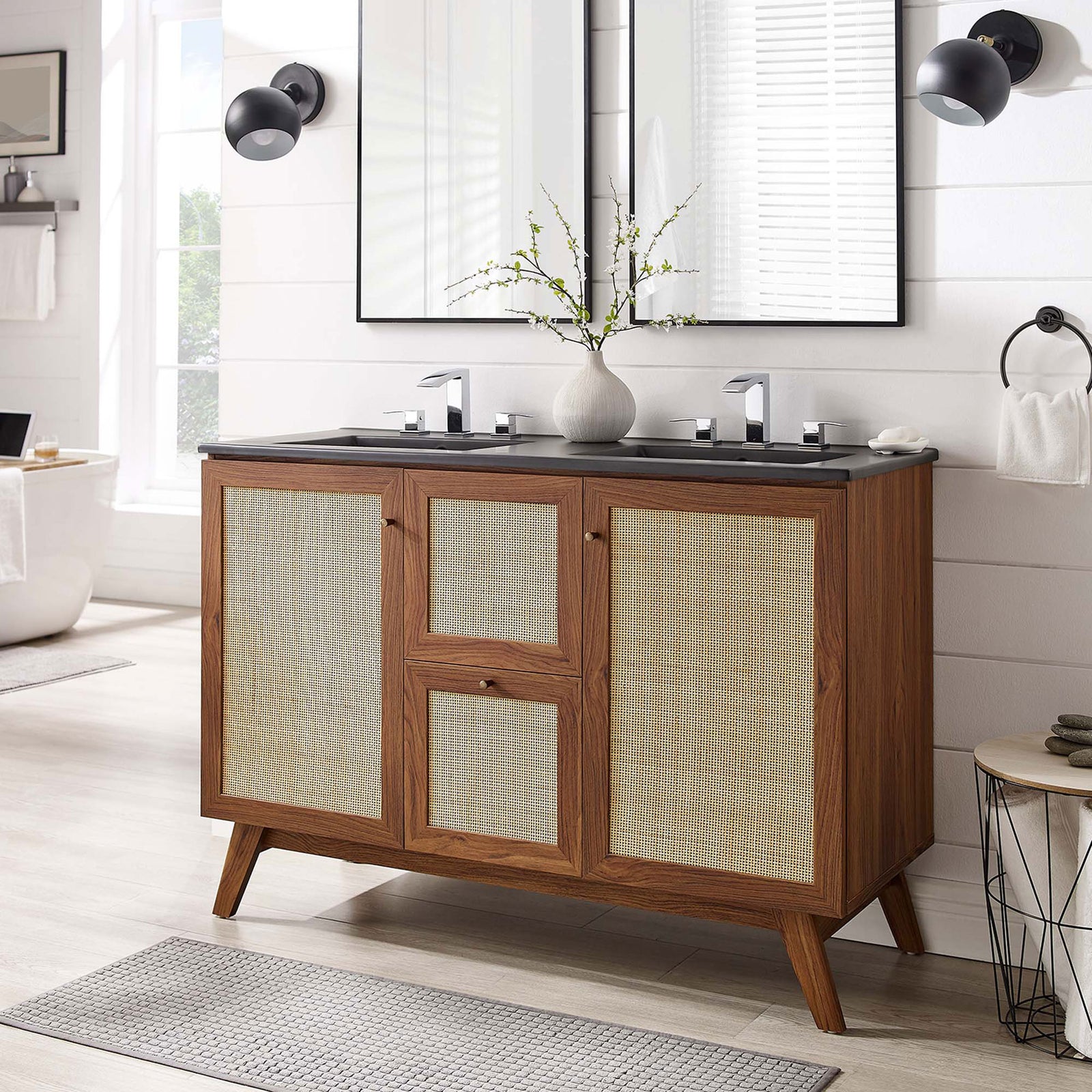 Warm walnut finish and airy cane doors elevate a bright, spa-like bath || EEI-6722-WAL-BLK || front_room