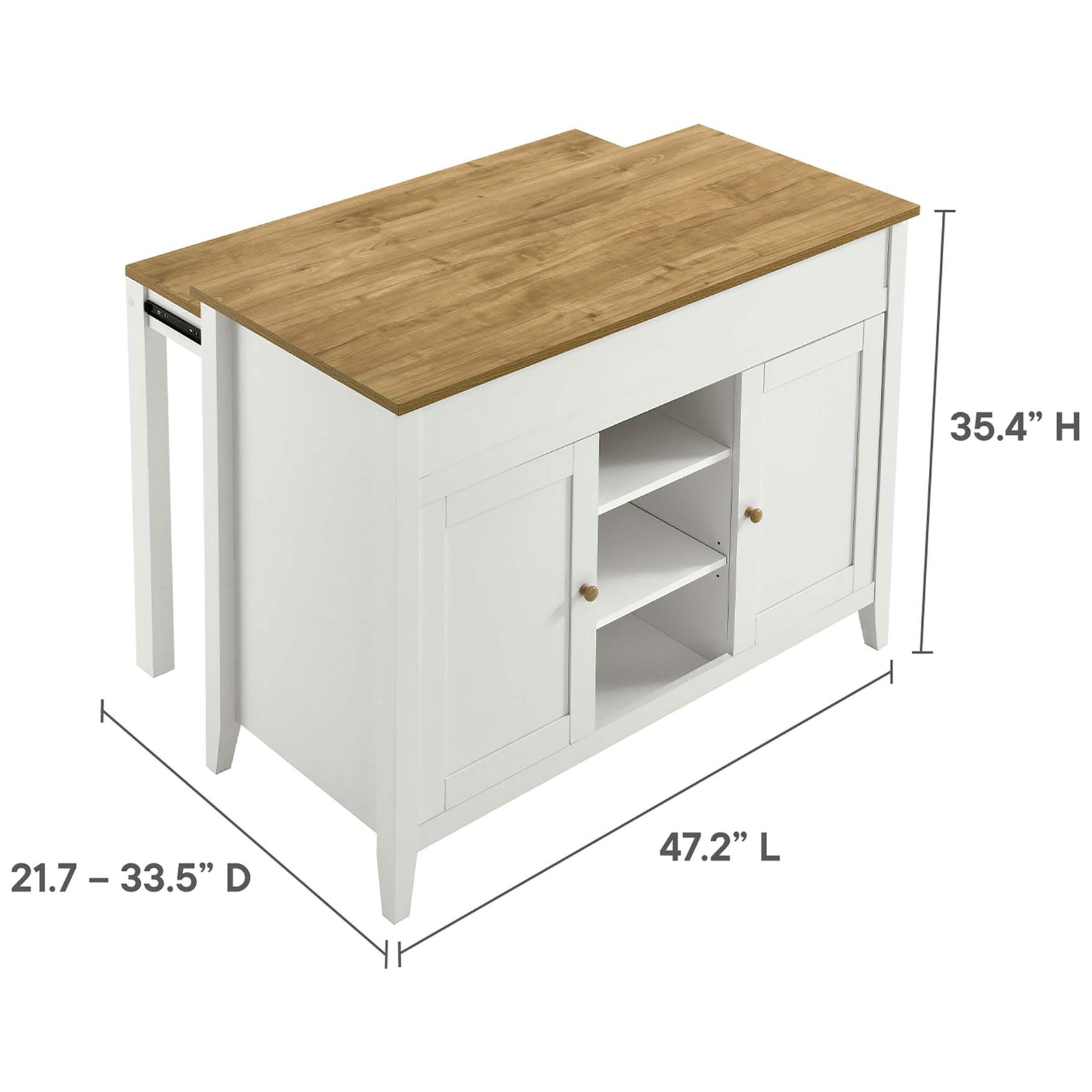 Kitchen island shown with height, length, and adjustable depth measurements for easy planning || EEI-6727-OAK-WHI || dimension_studio