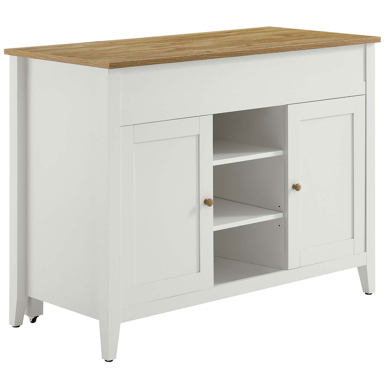 White kitchen island with warm oak top and open center shelves for everyday storage || EEI-6727-OAK-WHI || front_angle_studio