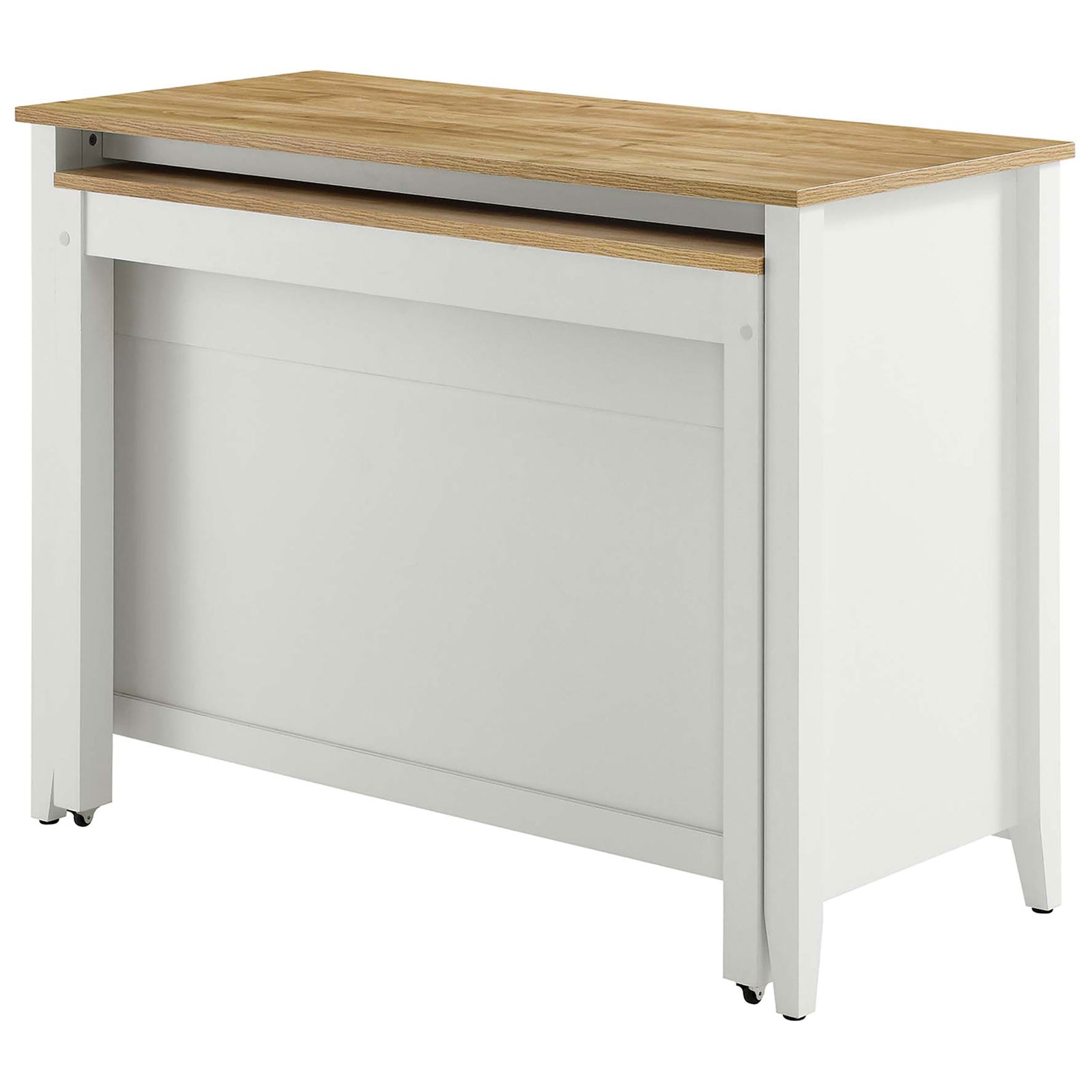 Kitchen island featuring a smooth back panel with integrated pull out table channel and oak top || EEI-6727-OAK-WHI || back_angle_studio