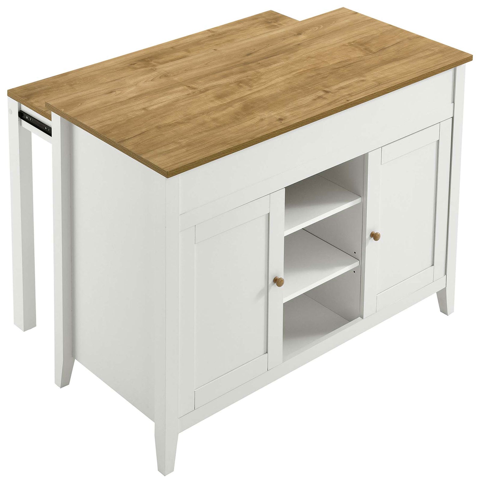 Kitchen island with oak-look top and pull out table extended to create extra prep and dining space || EEI-6727-OAK-WHI || top_angle_converted_studio