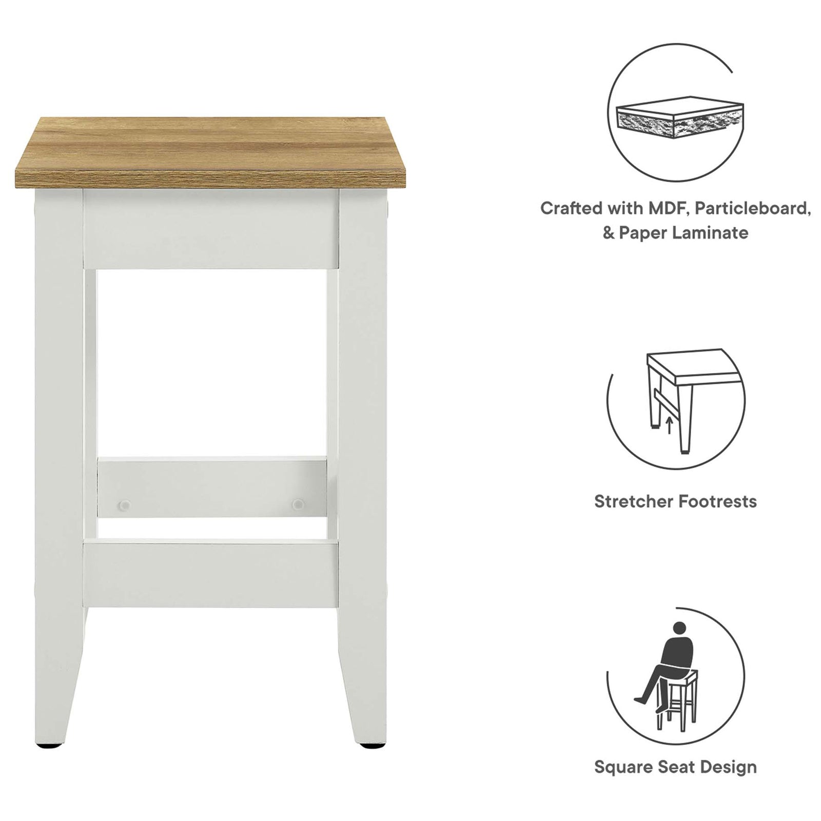 Durable MDF and particleboard stool with square seat and supportive stretcher footrests || EEI-6729-OAK-WHI || callout_studio