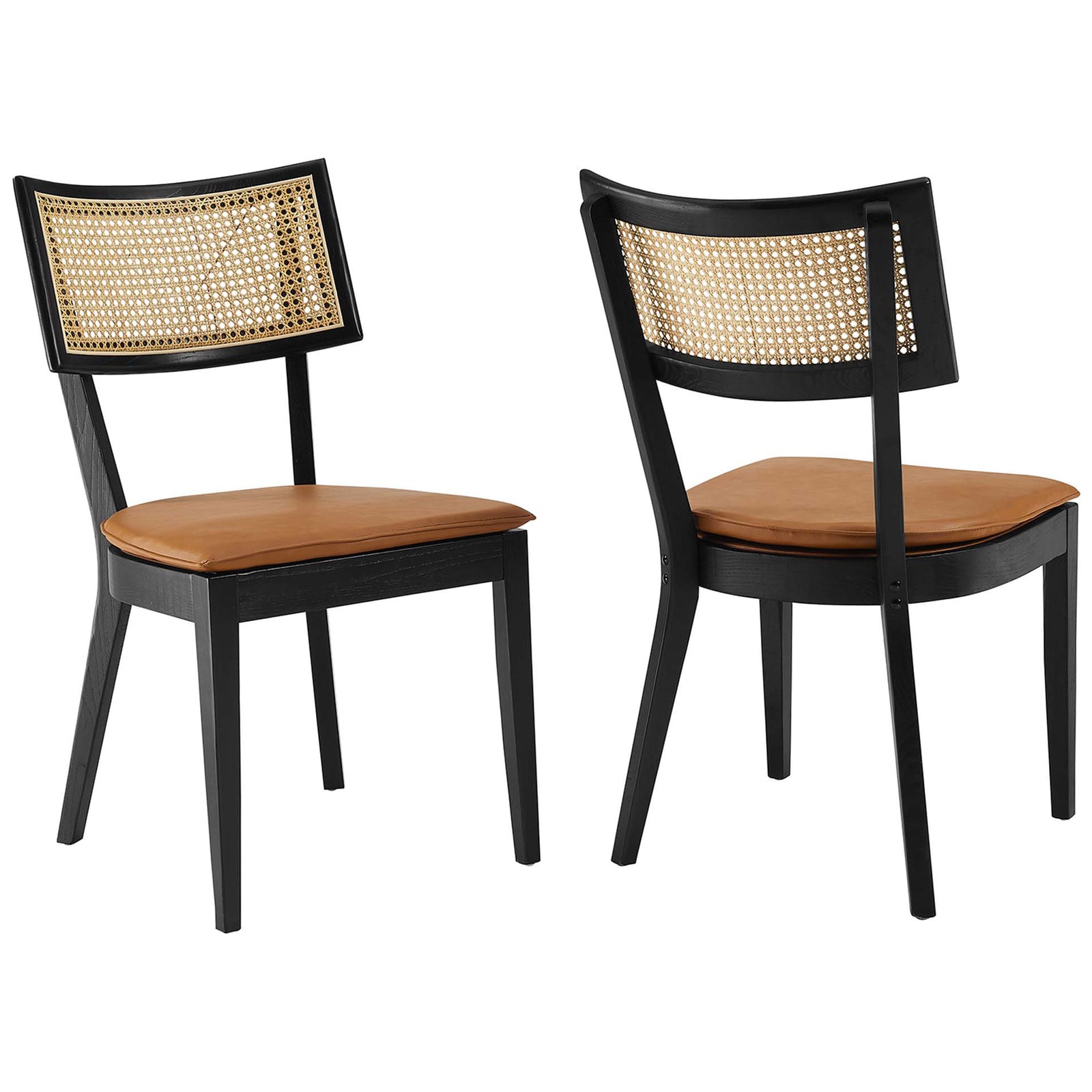 Pair of black wood dining chairs with tan vegan leather seats and airy rattan backs || EEI-6732-BLK-TAN || front_angle_multi_studio