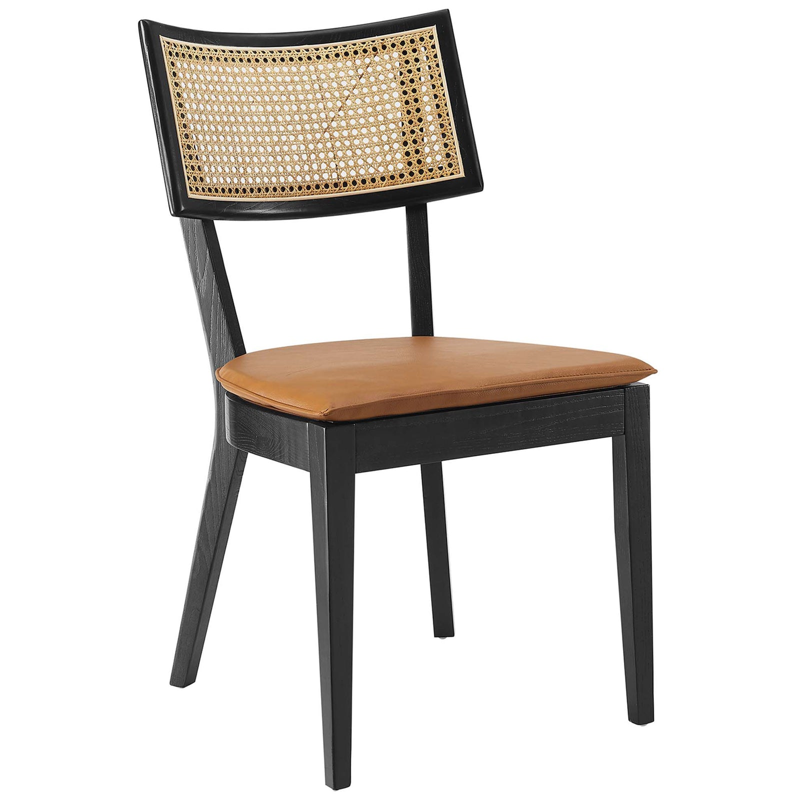 Black elm dining chair with curved rattan back and cushioned tan vegan leather seat || EEI-6732-BLK-TAN || front_angle_studio
