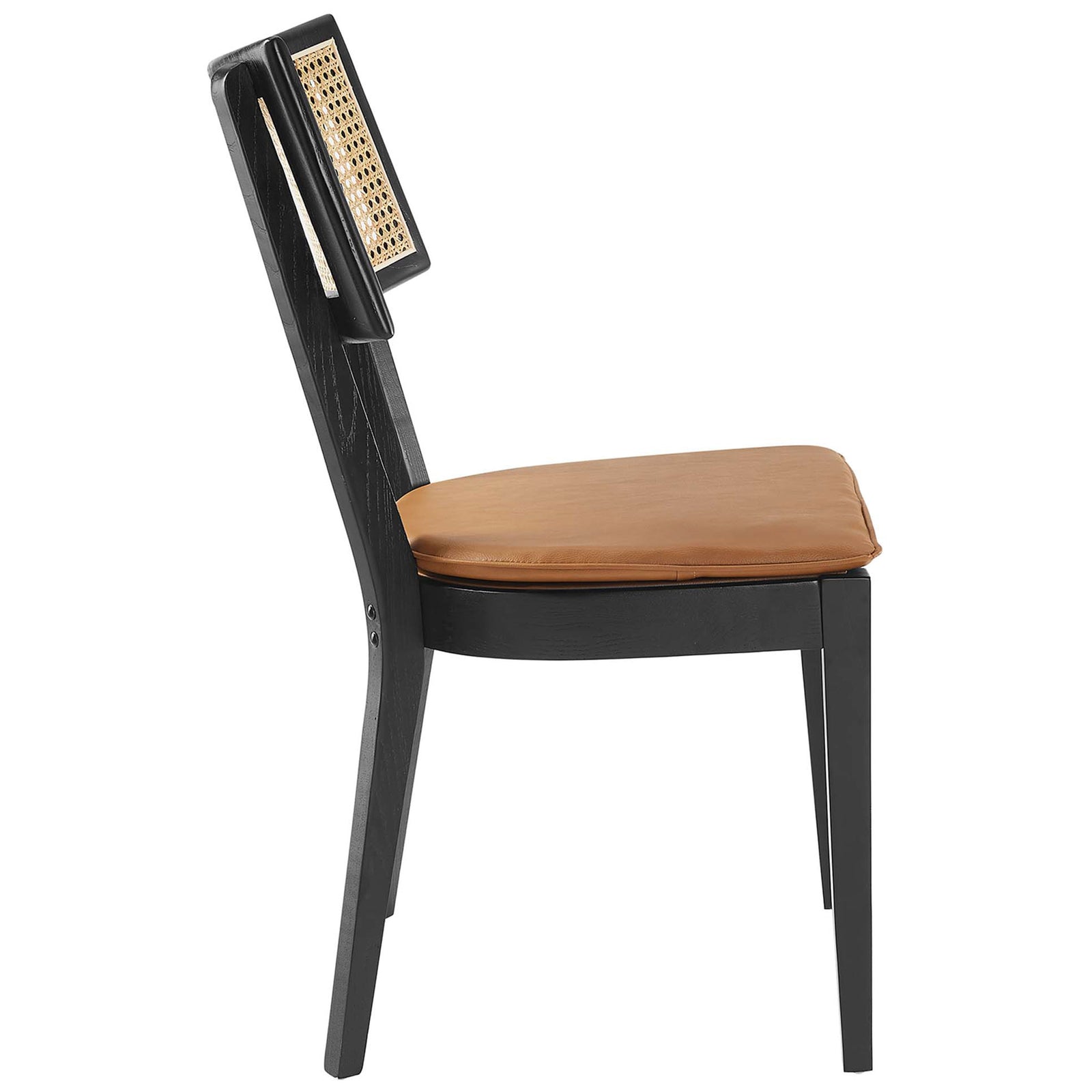 Slim profile dining chair with black wood frame, tan vegan leather seat, and rattan backrest || EEI-6732-BLK-TAN || side_studio