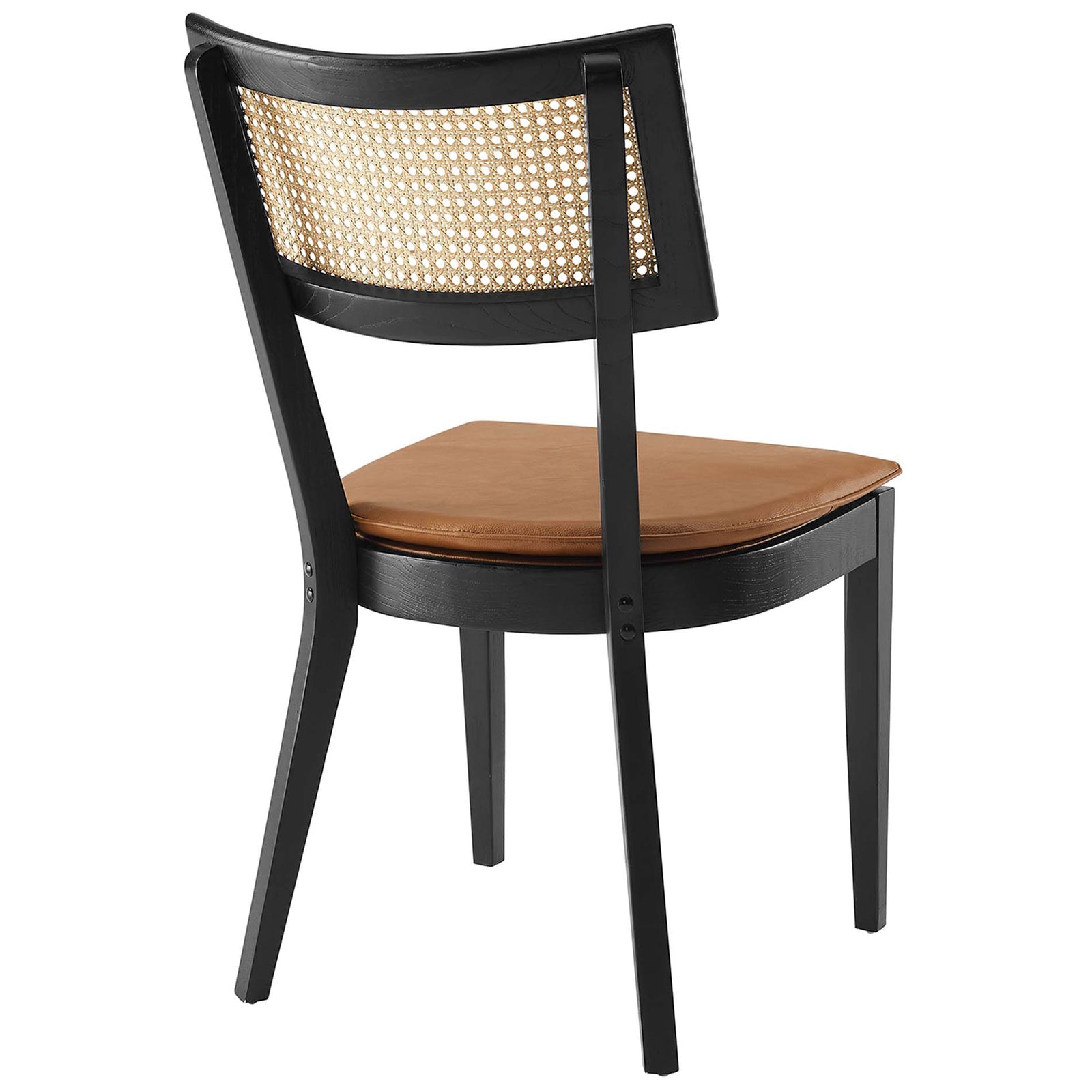 Black wood dining chair showcasing woven rattan back panel and tapered legs with warm tan seat || EEI-6732-BLK-TAN || back_angle_studio