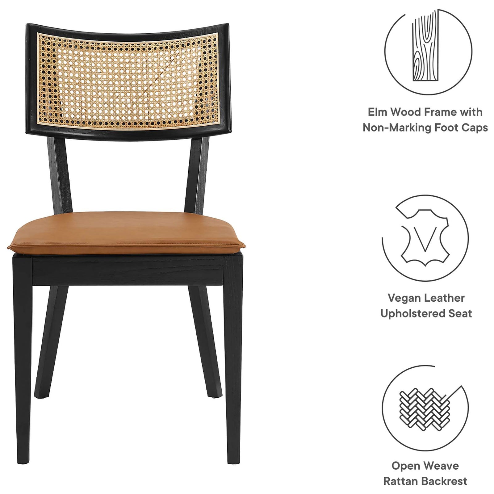 Feature graphic highlighting elm wood frame, vegan leather seat, and open weave rattan backrest || EEI-6732-BLK-TAN || callout_studio