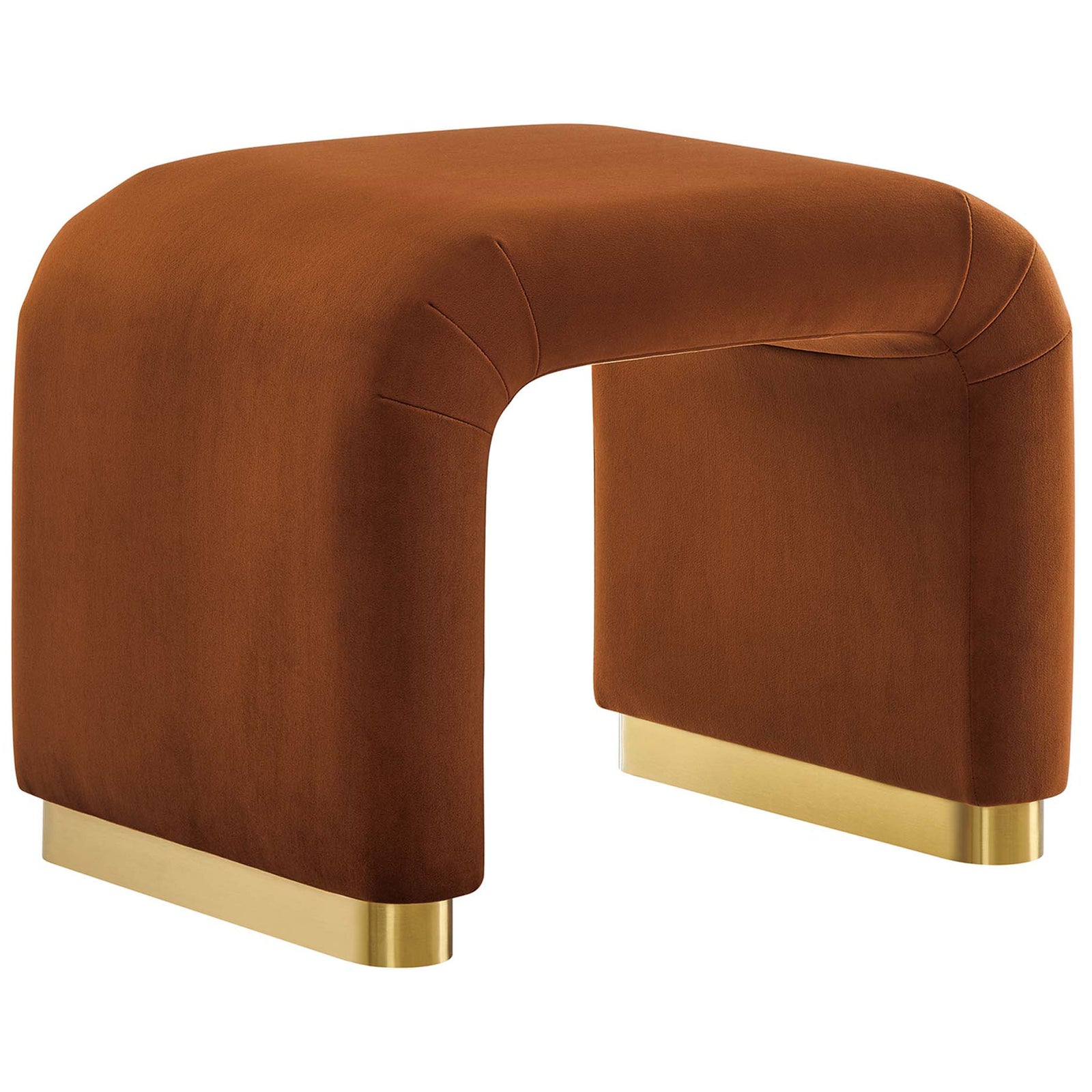 Waterfall silhouette stool in rust performance velvet with gleaming brass base || EEI-6733-BRA-RUS || front_angle_studio
