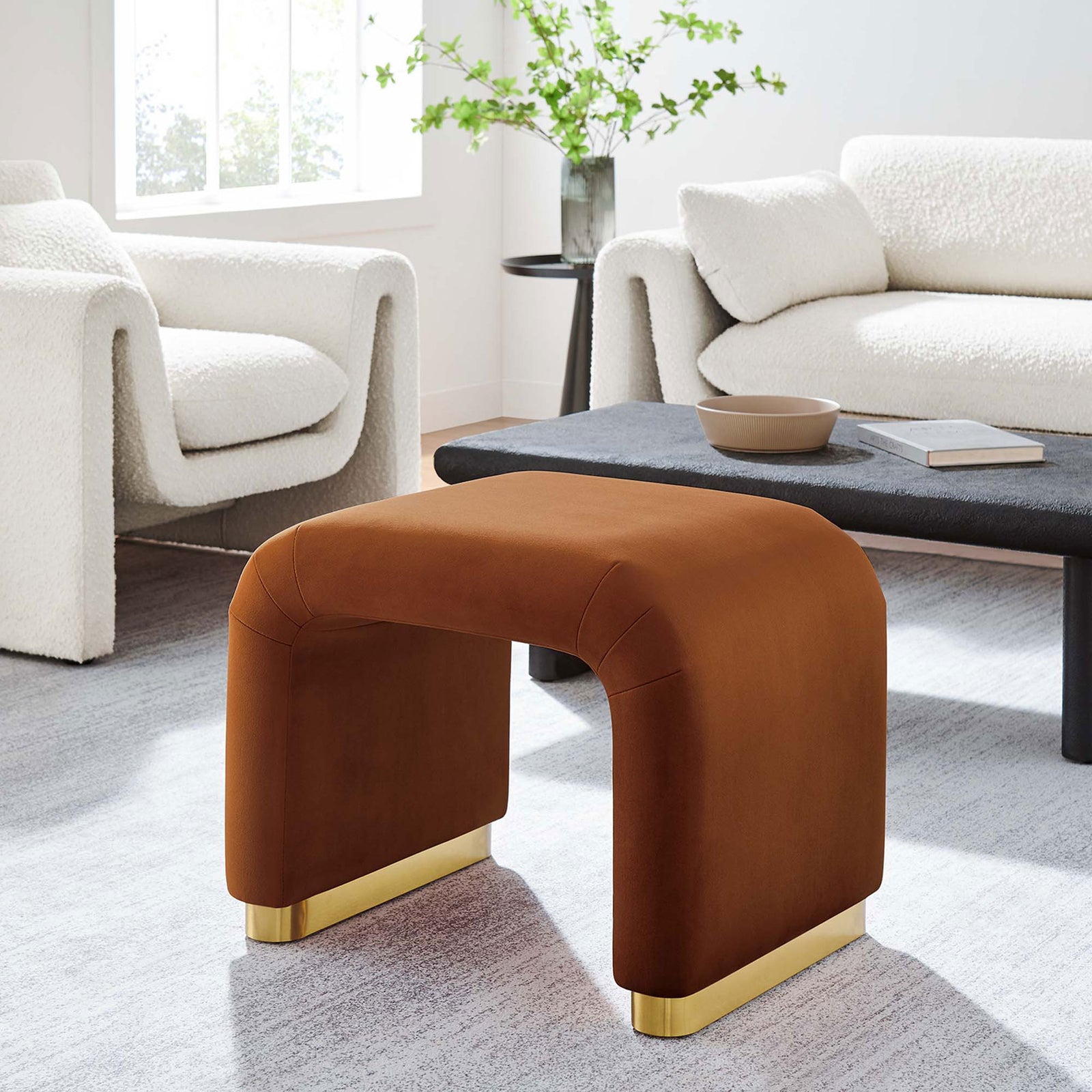 Versatile rust velvet stool doubles as seating or side table with brass base || EEI-6733-BRA-RUS || front_angle_room