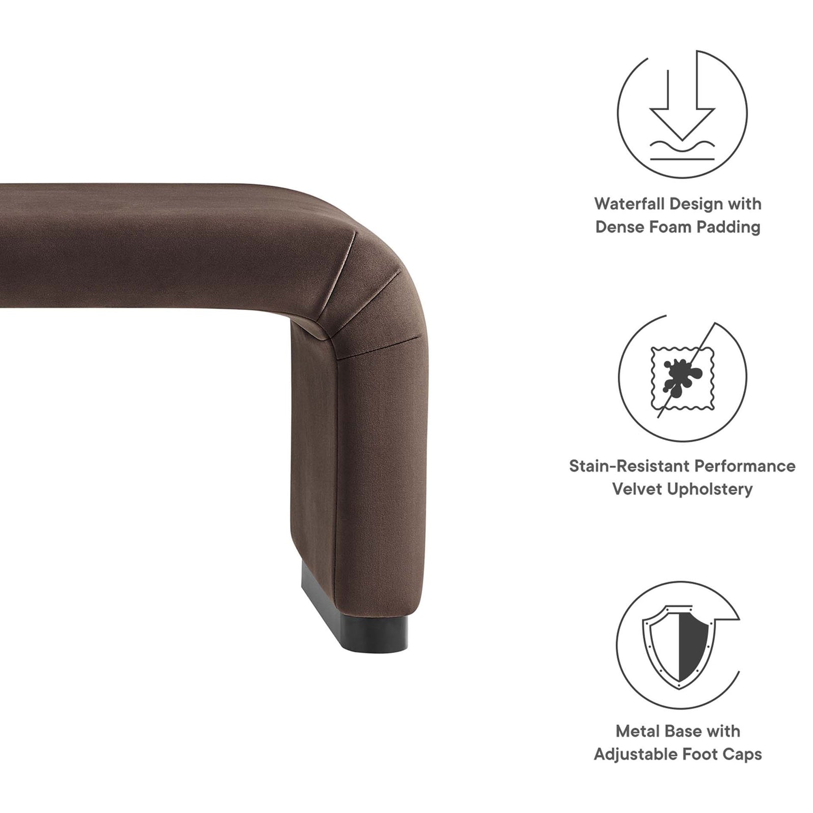 Features include stain-resistant velvet, dense foam comfort, and a stable metal base with foot caps. || EEI-6734-BLK-CHB || callout_studio