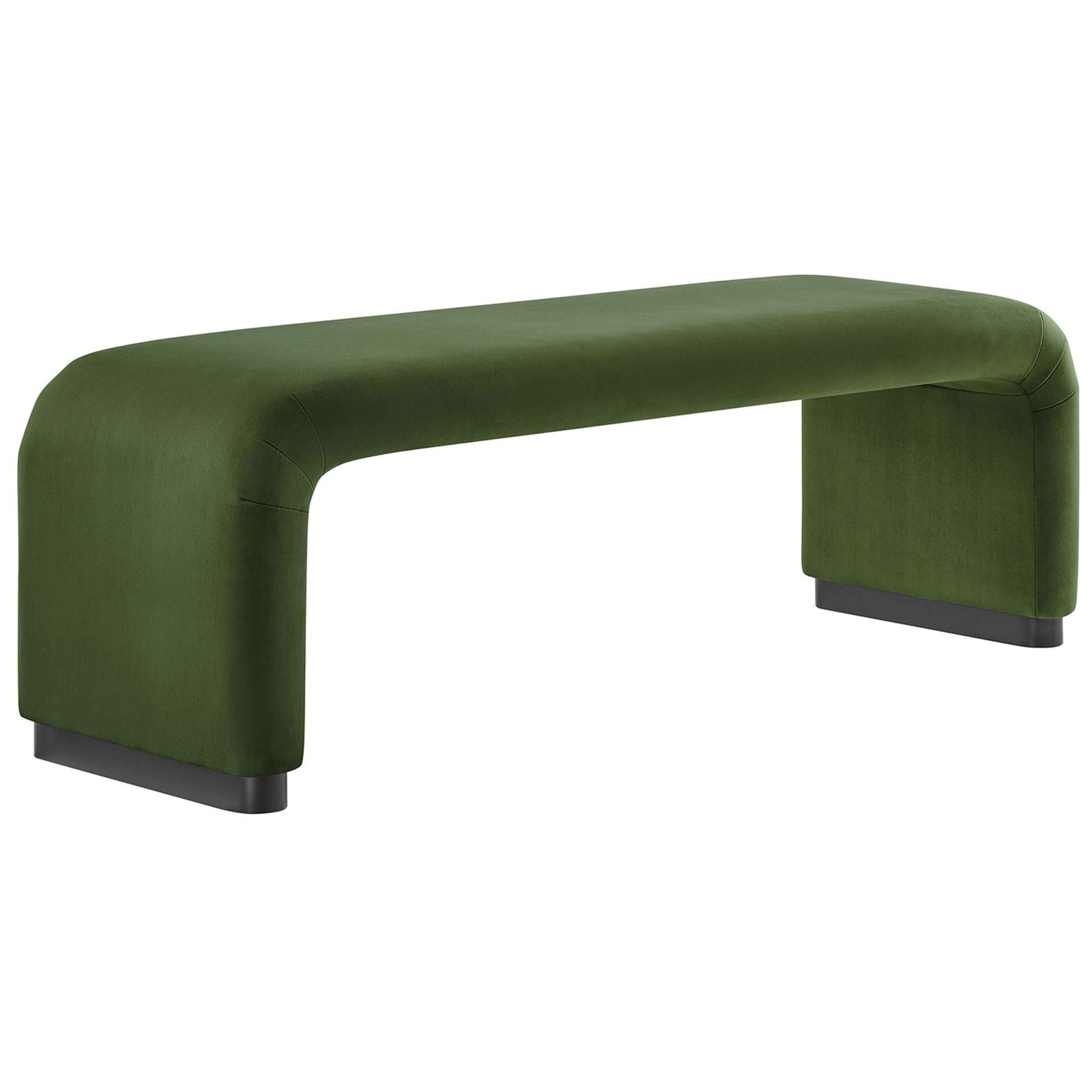 Sculptural waterfall bench in moss green performance velvet with rounded corners and a sleek black base || EEI-6734-BLK-MOS || front_angle_studio