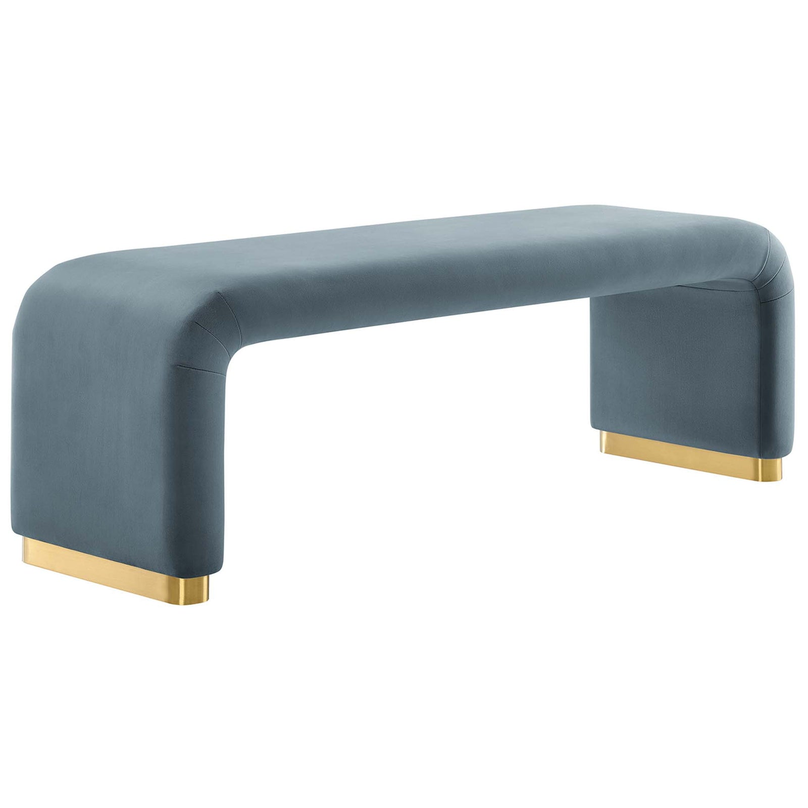 Sleek waterfall silhouette pairs plush blue performance velvet with a polished brass-finished base. || EEI-6734-BRA-CAB || front_angle_studio