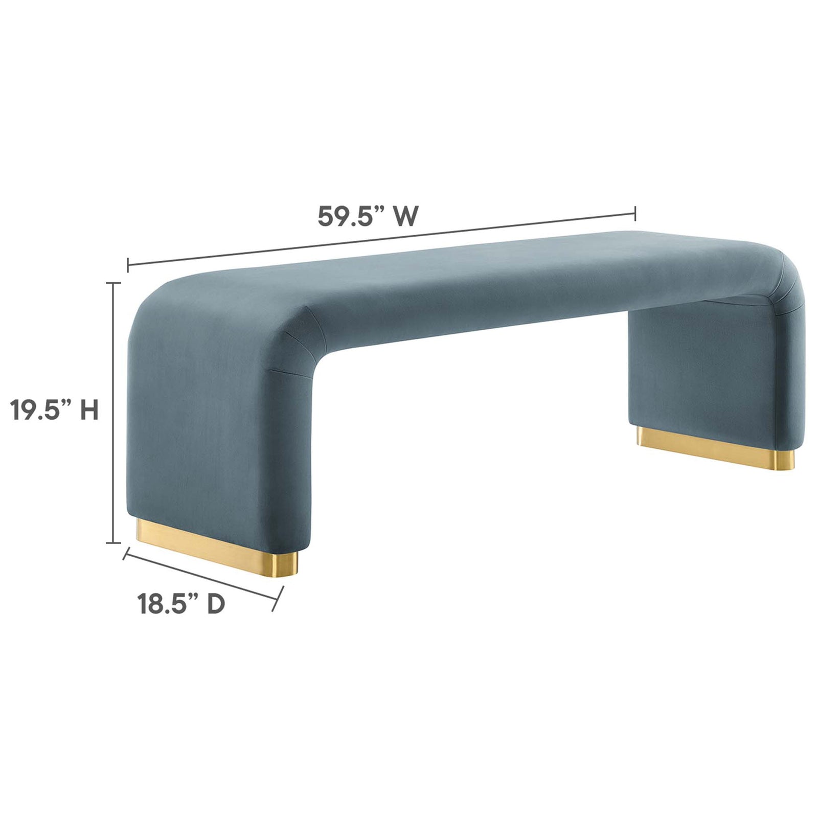 Spacious 59.5-inch-long bench offers comfortable seating with a sleek waterfall profile and brass feet. || EEI-6734-BRA-CAB || dimension_studio