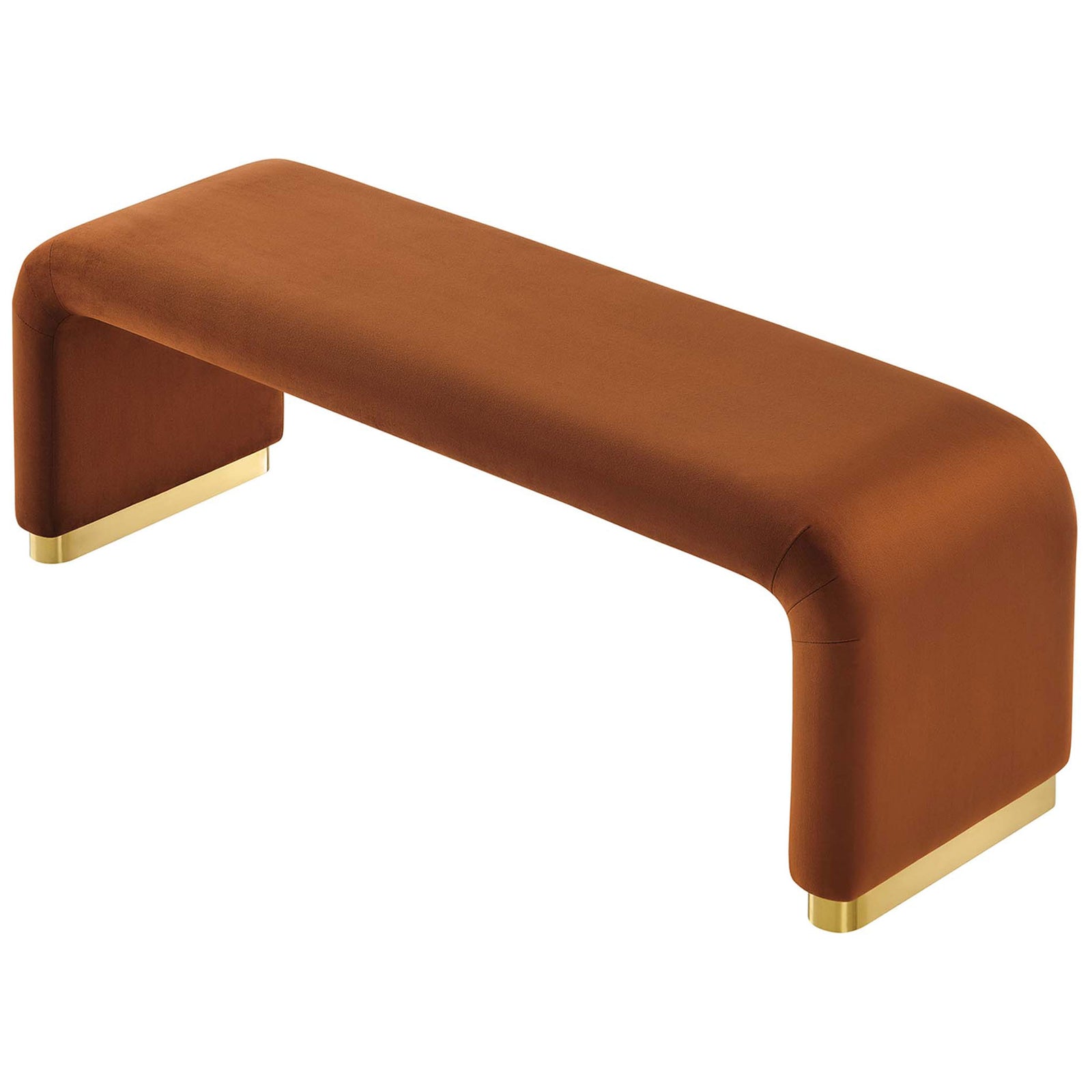 Wide, smooth velvet seat with rounded edges atop a sleek brass base || EEI-6734-BRA-RUS || top_angle_studio