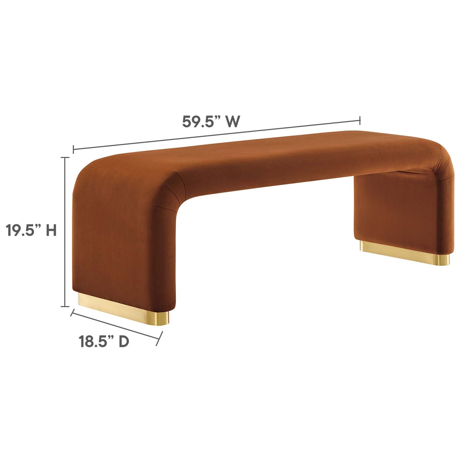 Long 59.5-inch rust velvet bench with a graceful waterfall form || EEI-6734-BRA-RUS || dimension_studio
