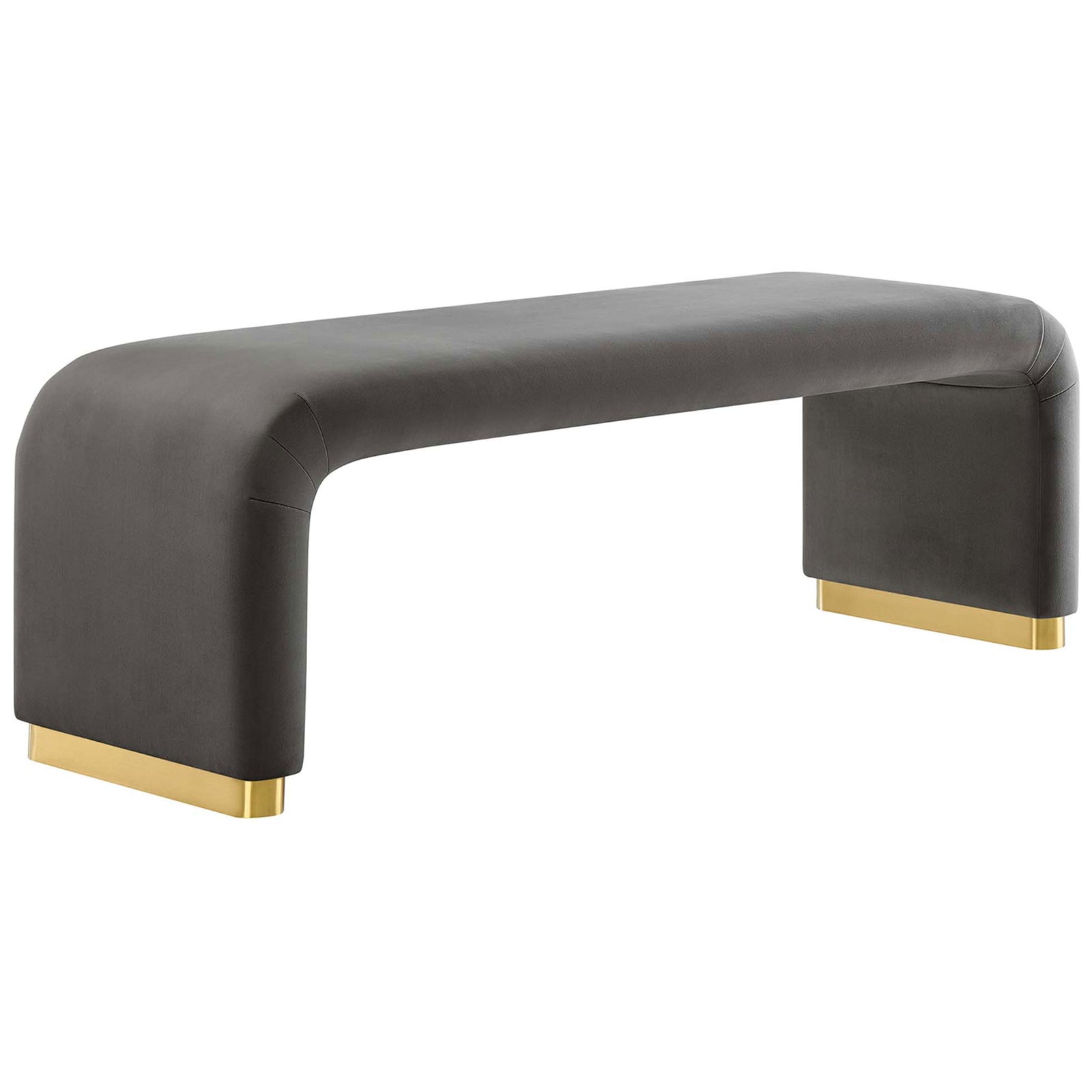 Elegant performance velvet bench in storm gray with gleaming brass base and flowing waterfall silhouette || EEI-6734-BRA-STG || front_angle_studio