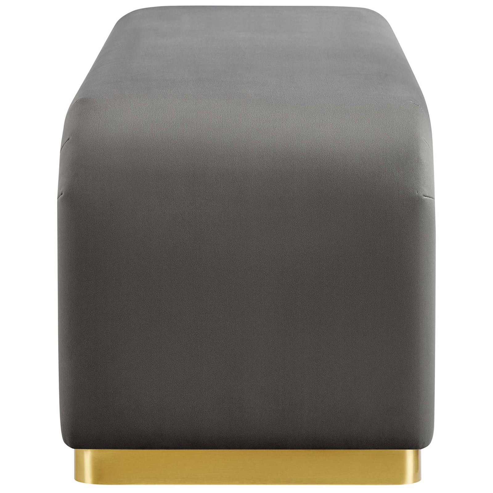 Curved end profile showcases the waterfall design and brass-finished base of the gray velvet bench || EEI-6734-BRA-STG || side_studio
