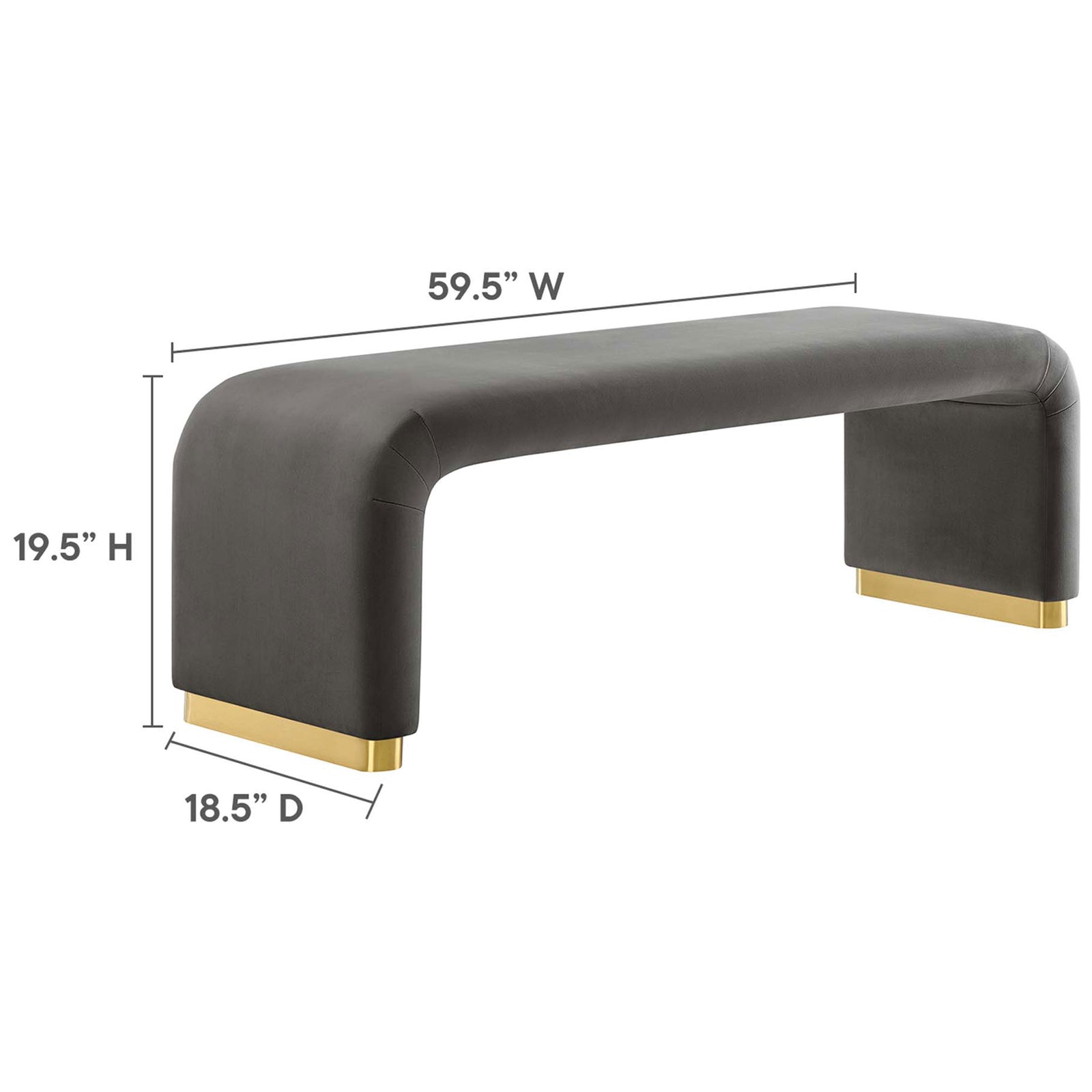 Dimensions shown: 59.5 in W x 18.5 in D x 19.5 in H gray velvet waterfall bench with brass base || EEI-6734-BRA-STG || dimension_studio