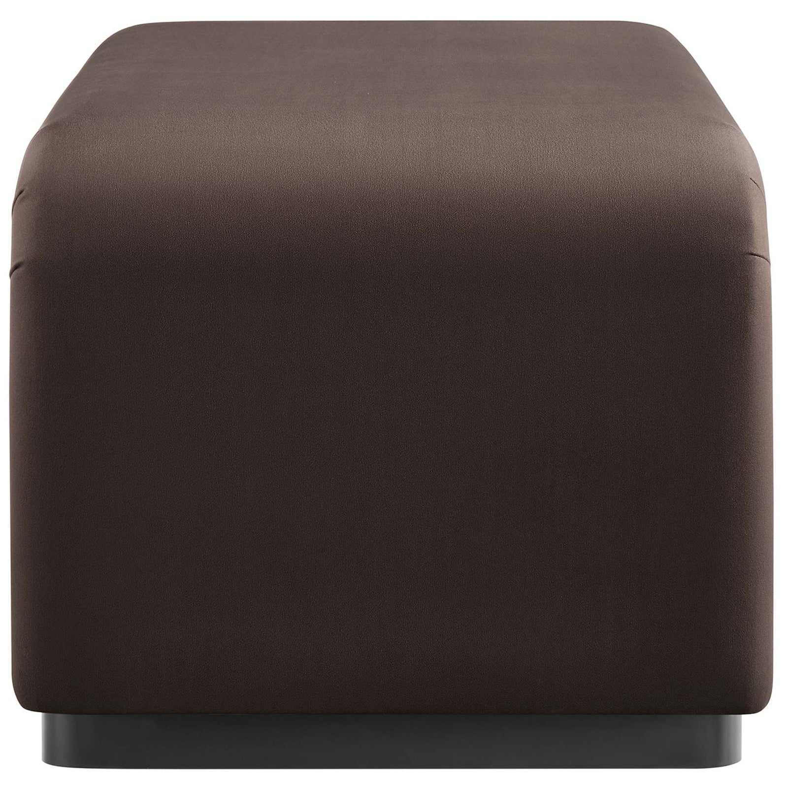 Low-profile velvet ottoman showing the thick cushioned end and sturdy waterfall base design || EEI-6735-BLK-CHB || side_studio