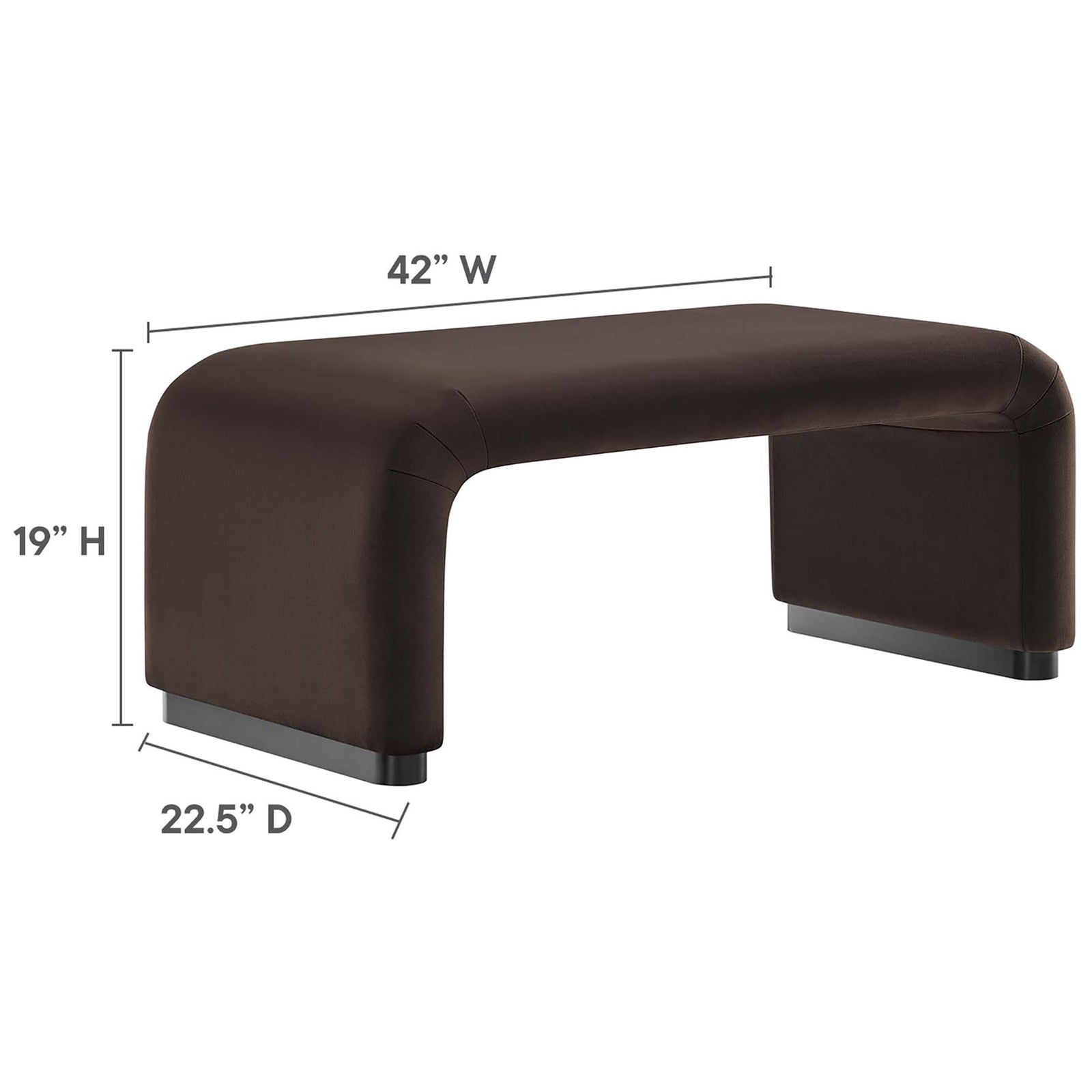 Koda waterfall ottoman with labeled height, width, and depth measurements || EEI-6735-BLK-CHB || dimension_studio