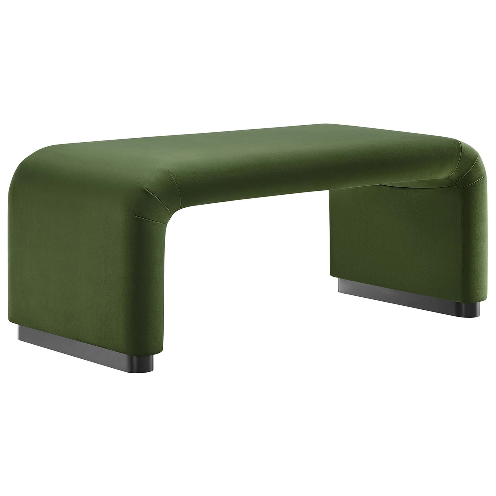 Sleek black moss green velvet waterfall ottoman with soft rounded corners and a solid black base || EEI-6735-BLK-MOS || front_angle_studio