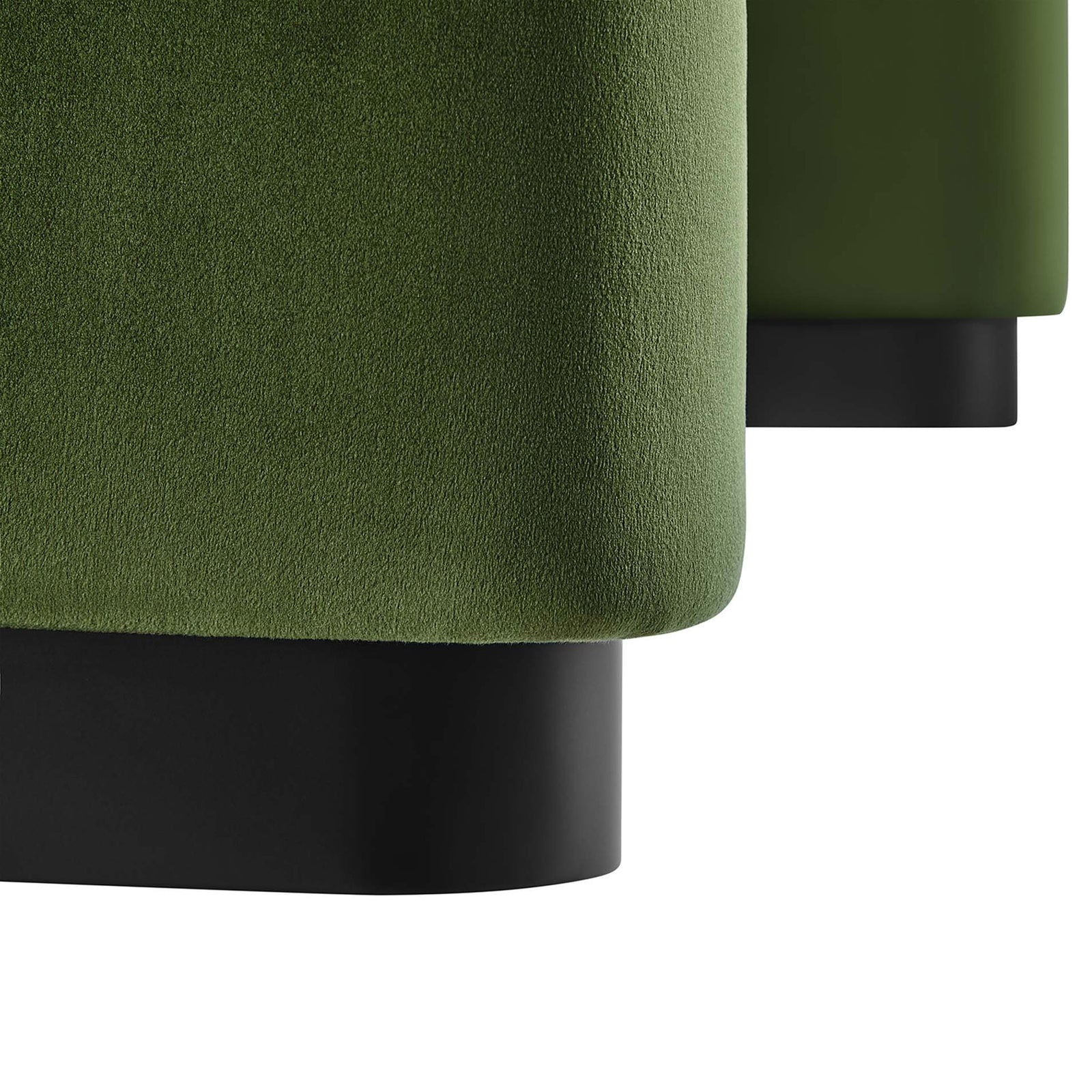 Ottoman base detail with plush black moss green velvet upholstery and a sturdy black platform foundation || EEI-6735-BLK-MOS || leg_studio