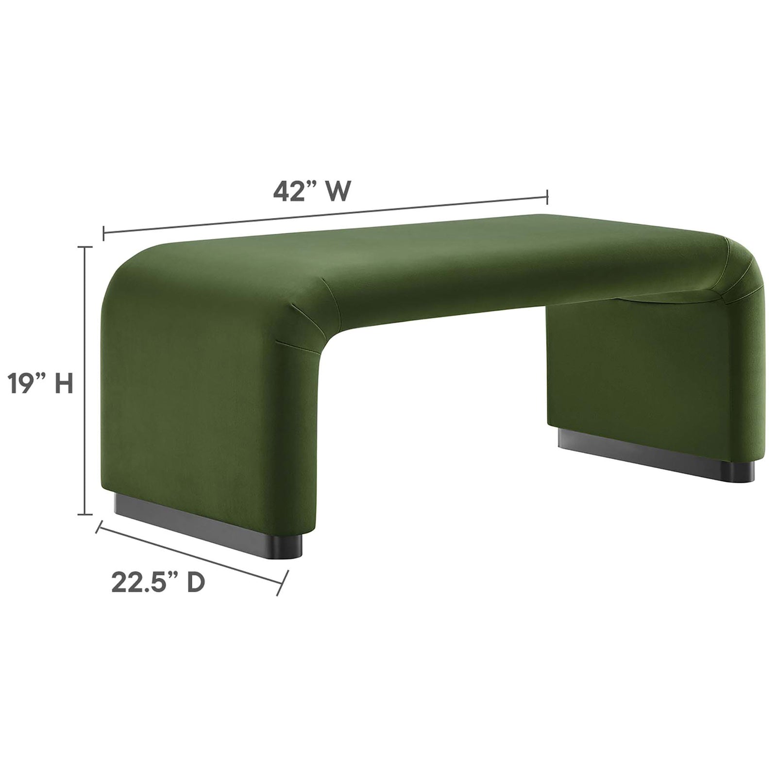 Dimension diagram of the black moss green waterfall ottoman showing 42 inch width, 22.5 inch depth, and 19 inch height || EEI-6735-BLK-MOS || dimension_studio