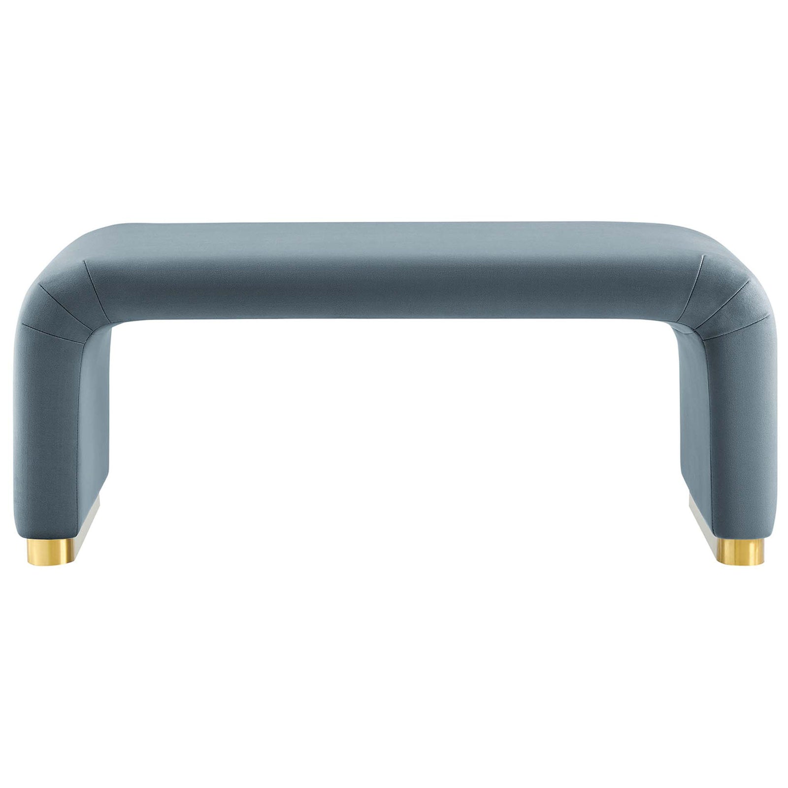 Cadet blue velvet waterfall ottoman with brass base brings modern elegance to any living space. || EEI-6735-BRA-CAB || front_studio