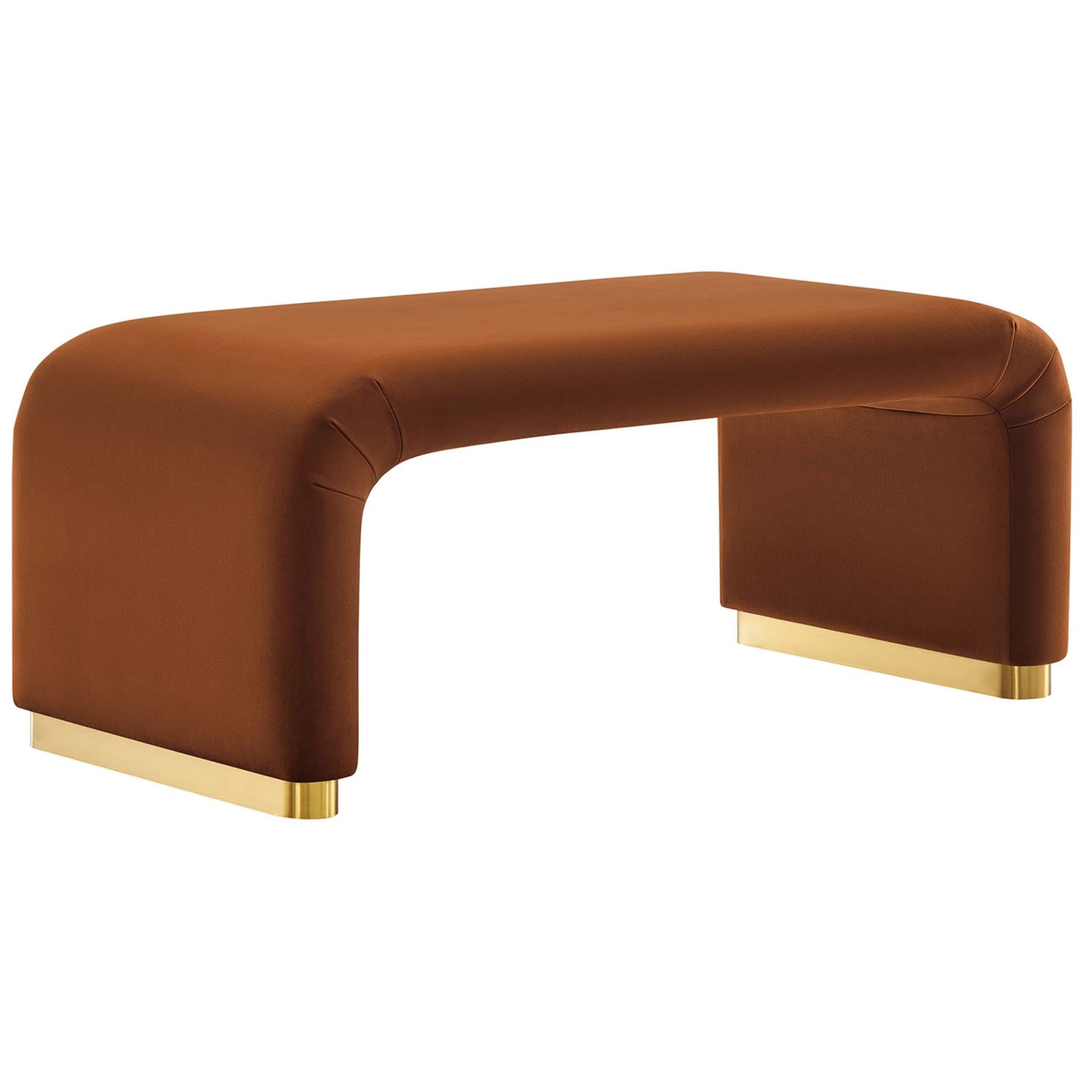 Waterfall ottoman in brass rust performance velvet with curved edges and gleaming metal base || EEI-6735-BRA-RUS || front_angle_studio