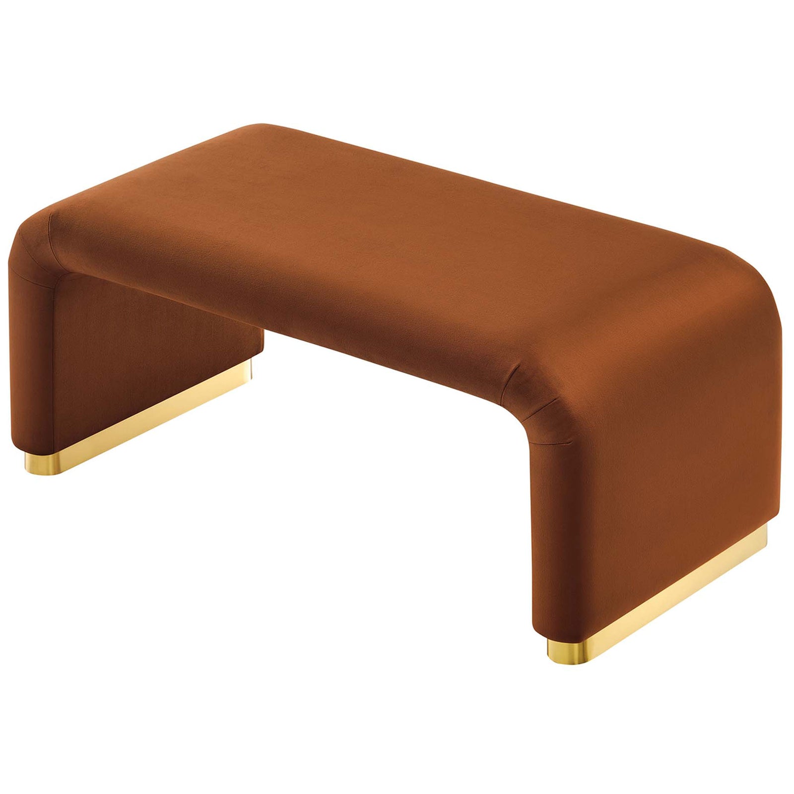 Brass rust performance velvet ottoman with soft waterfall curves and a modern gold-finished base || EEI-6735-BRA-RUS || front_angle_studio