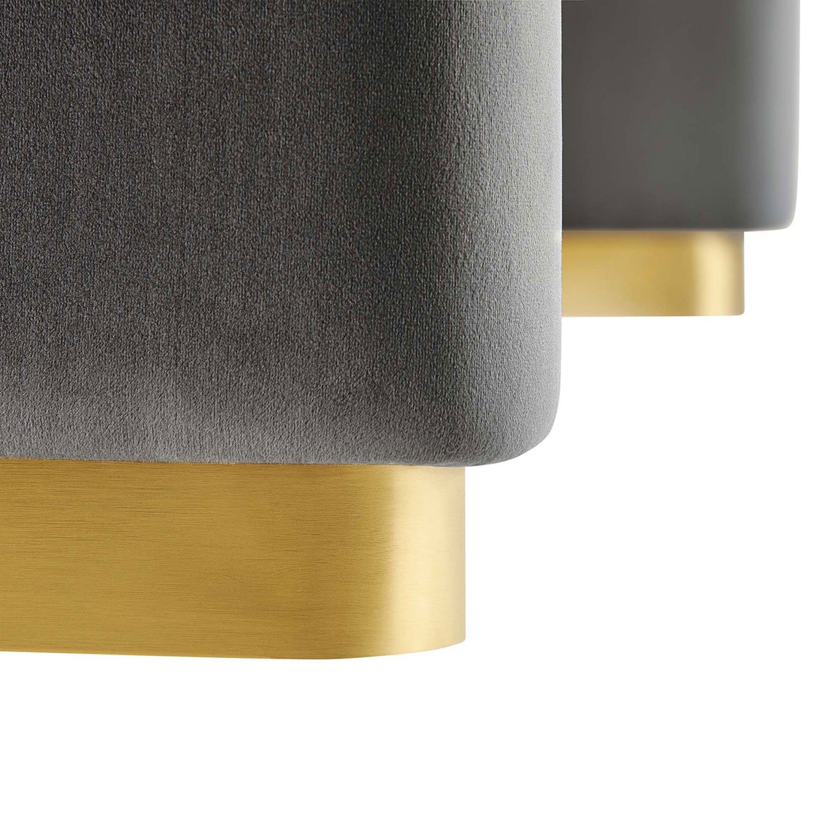 Soft gray velvet and smooth brass base highlight the ottoman's sturdy waterfall foundation || EEI-6735-BRA-STG || leg_studio