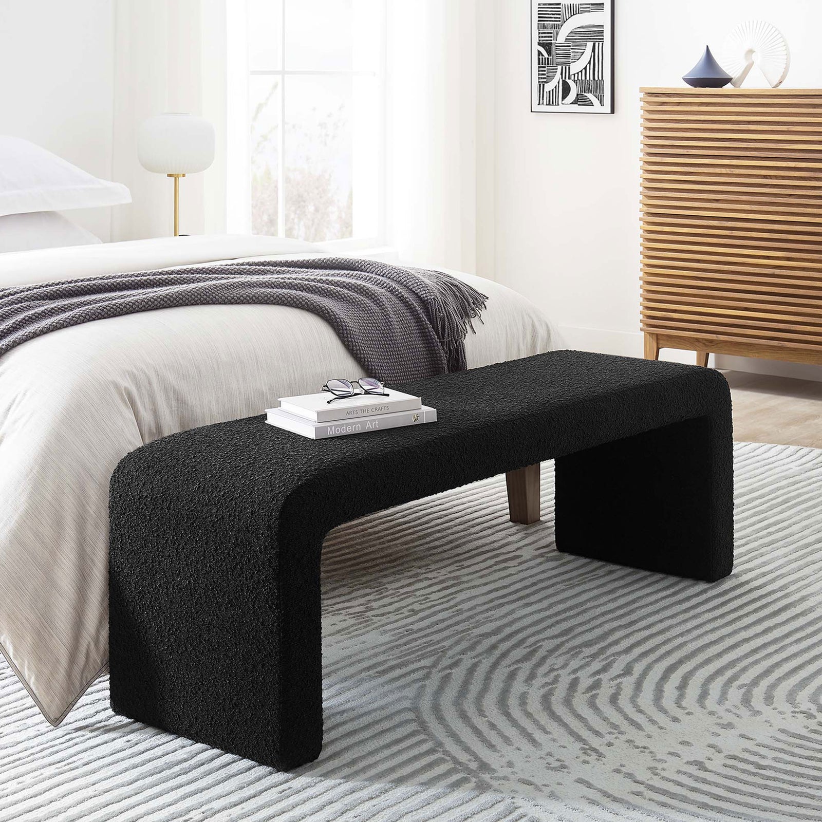 Elevates a bedroom with its modern black boucle texture and graceful waterfall profile || EEI-6736-BLK || front_angle_room