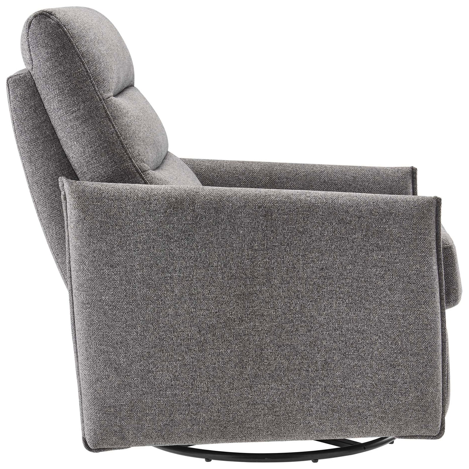 Streamlined armchair profile with thin track arms and plush seat on a stable circular glider base || EEI-6738-GRY || side_studio