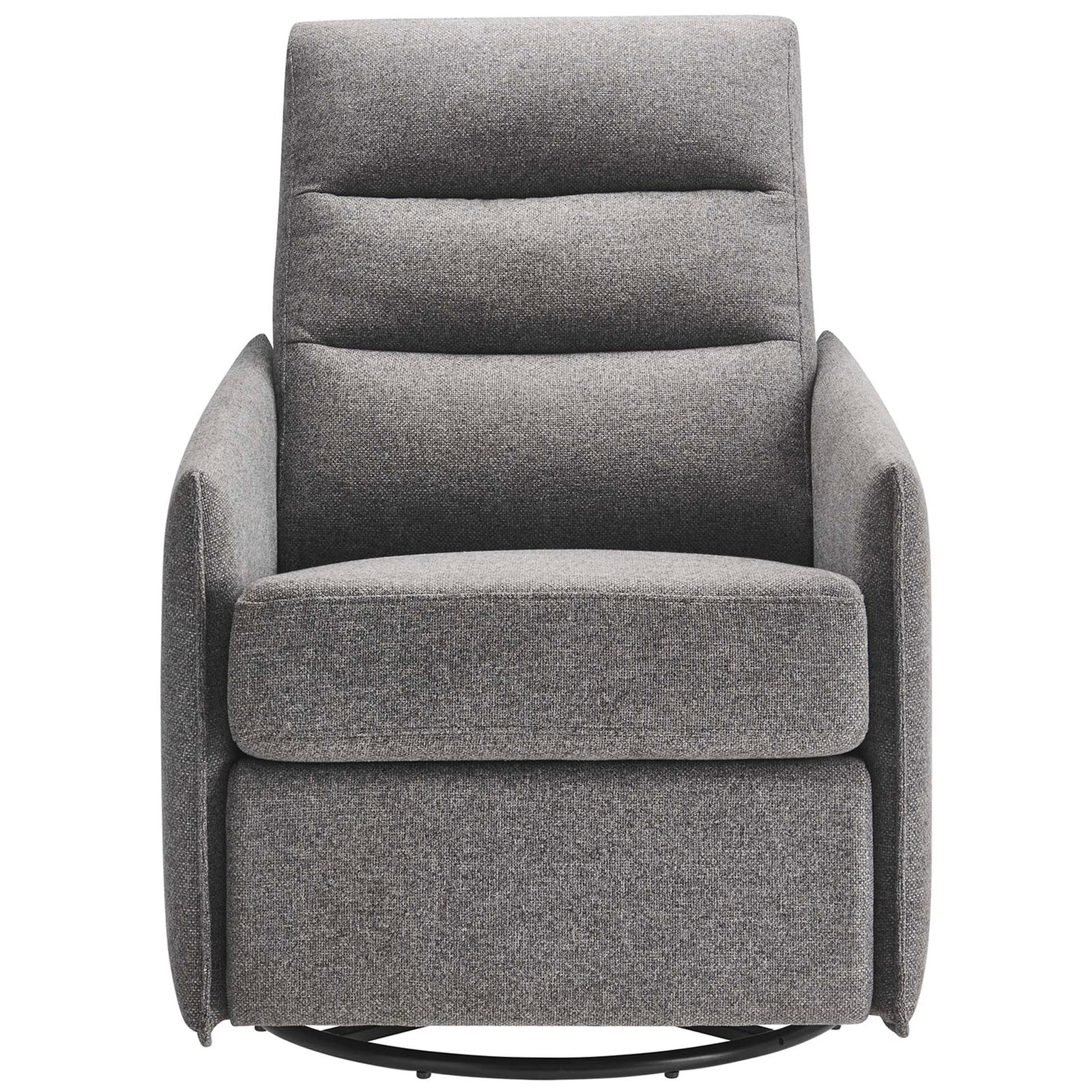 Modern light gray fabric lounge chair with channel-tufted back, slim arms, and smooth swivel-glider base || EEI-6738-GRY || front_studio