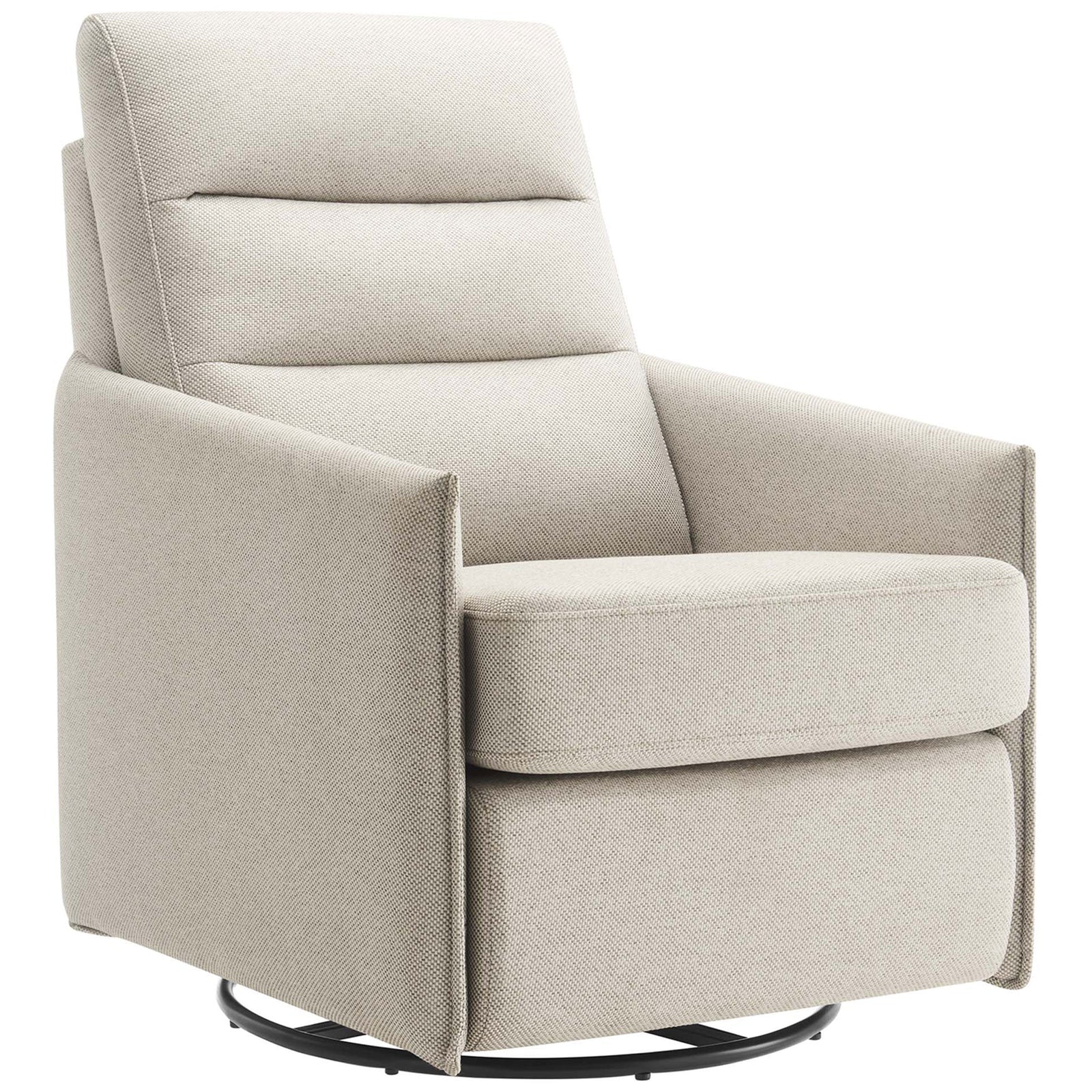 Modern lounge chair in oatmeal fabric with channel tufted back and slim arms on a smooth swivel glider base || EEI-6738-OAT || front_angle_studio