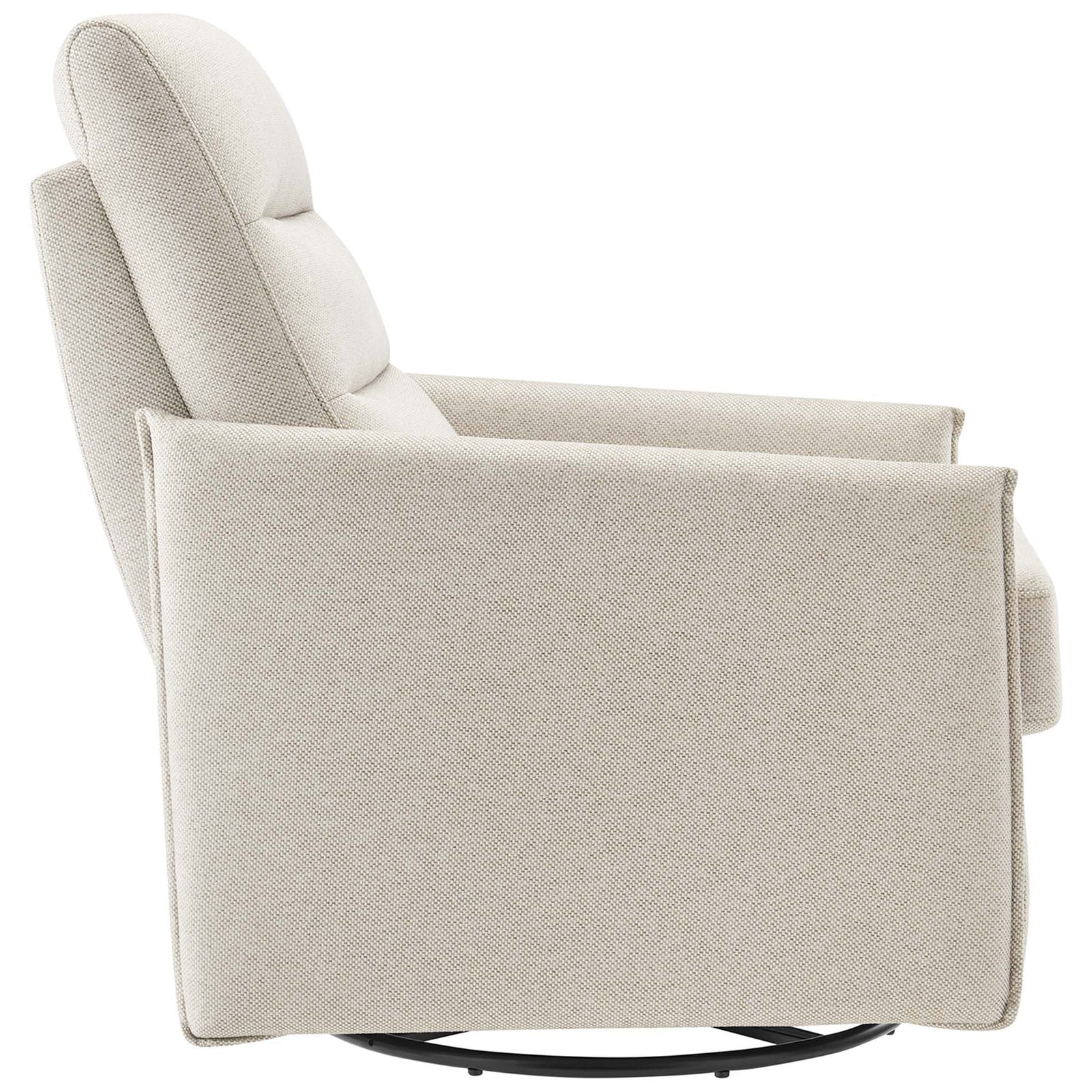 Streamlined track-arm chair with supportive double backrest and textured oatmeal upholstery on a glider swivel base || EEI-6738-OAT || side_studio