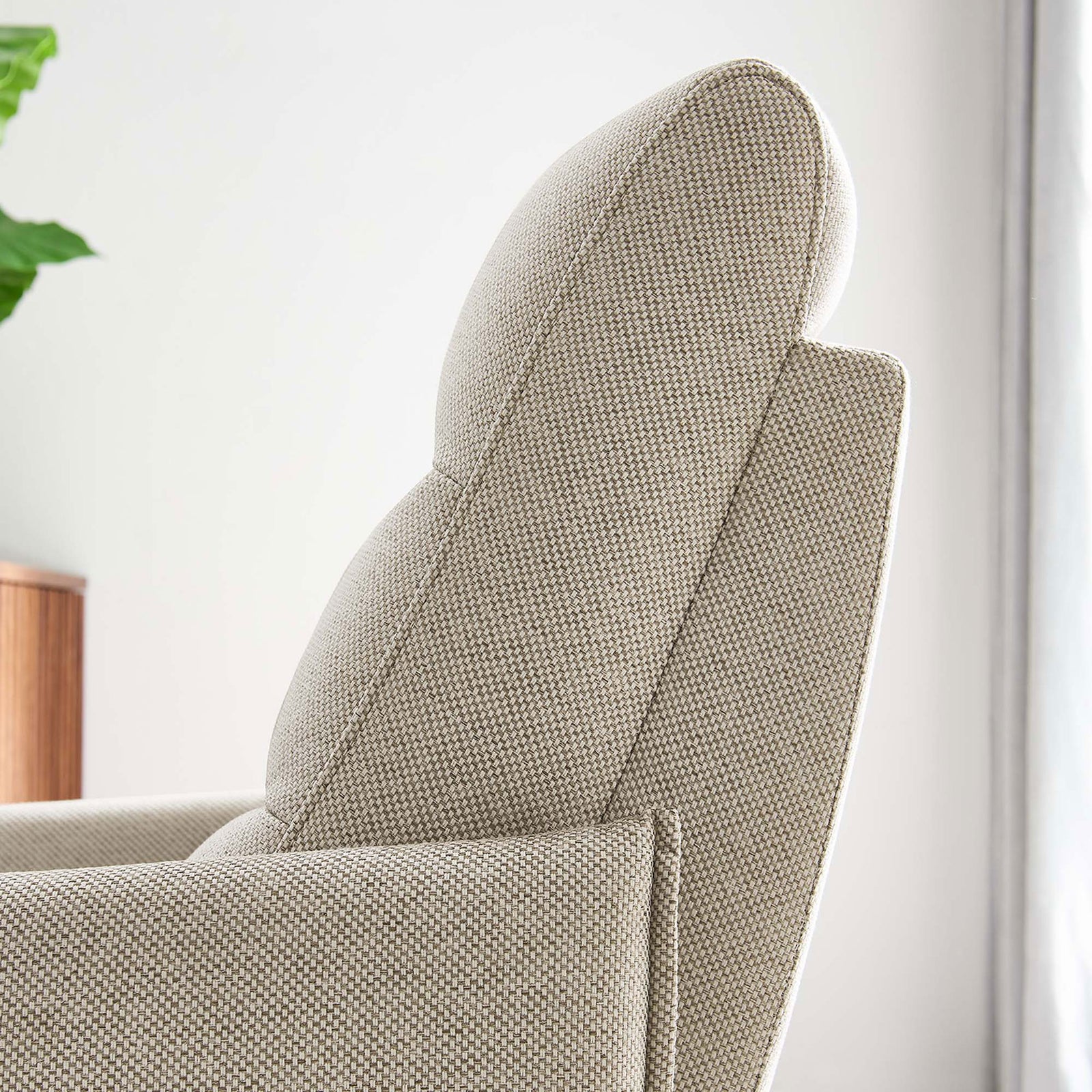 Textured oatmeal upholstery and layered back support create inviting comfort with a refined, modern look || EEI-6738-OAT || detail_room