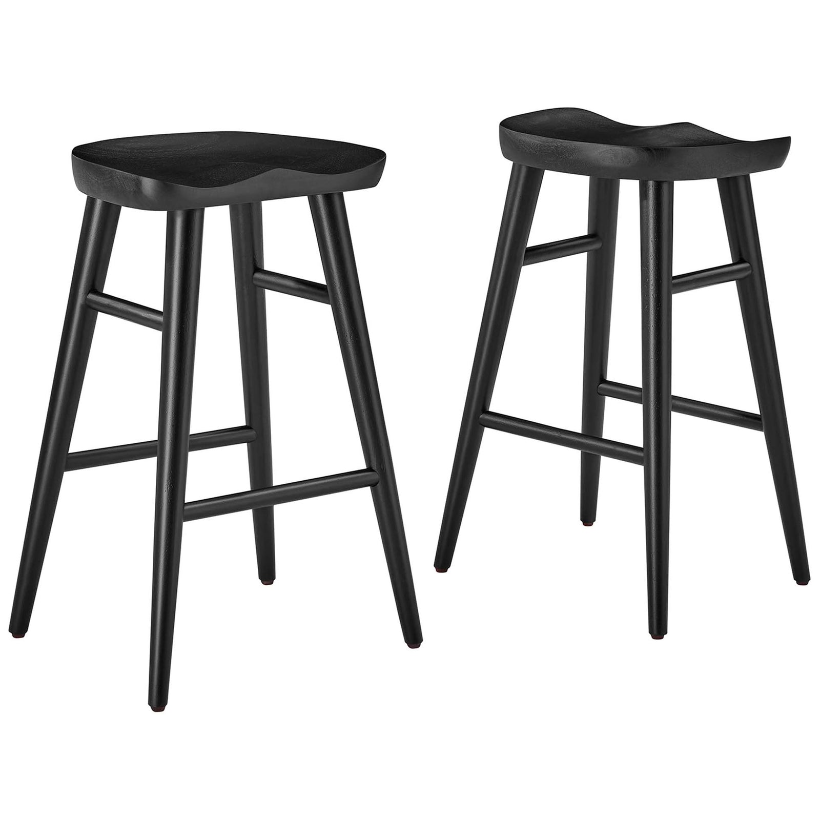 Set of two counter stools with contoured seats and splayed legs in a matte black wood finish. || EEI-6739-BLK || front_angle_multi_studio
