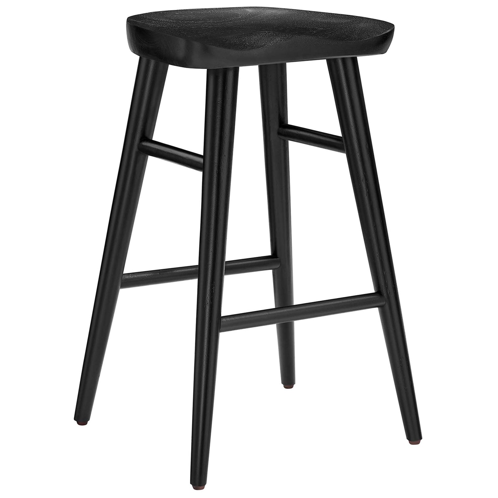 Backless counter stool with contoured saddle seat and sleek black finish on solid wood legs. || EEI-6739-BLK || front_angle_studio