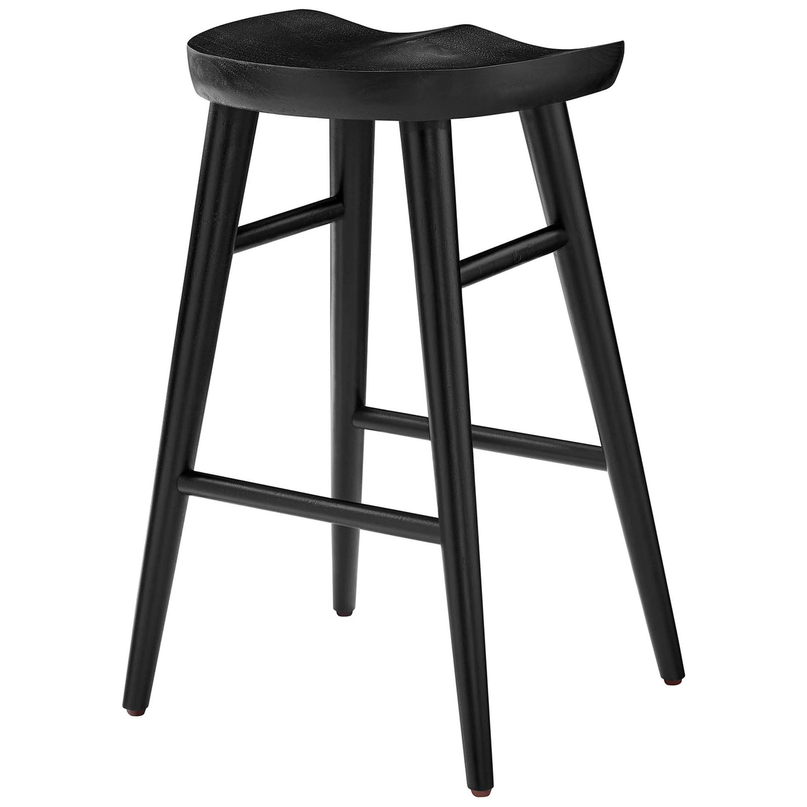 Minimalist counter stool showcasing a scooped seat and sturdy stretchers for support. || EEI-6739-BLK || front_angle_studio