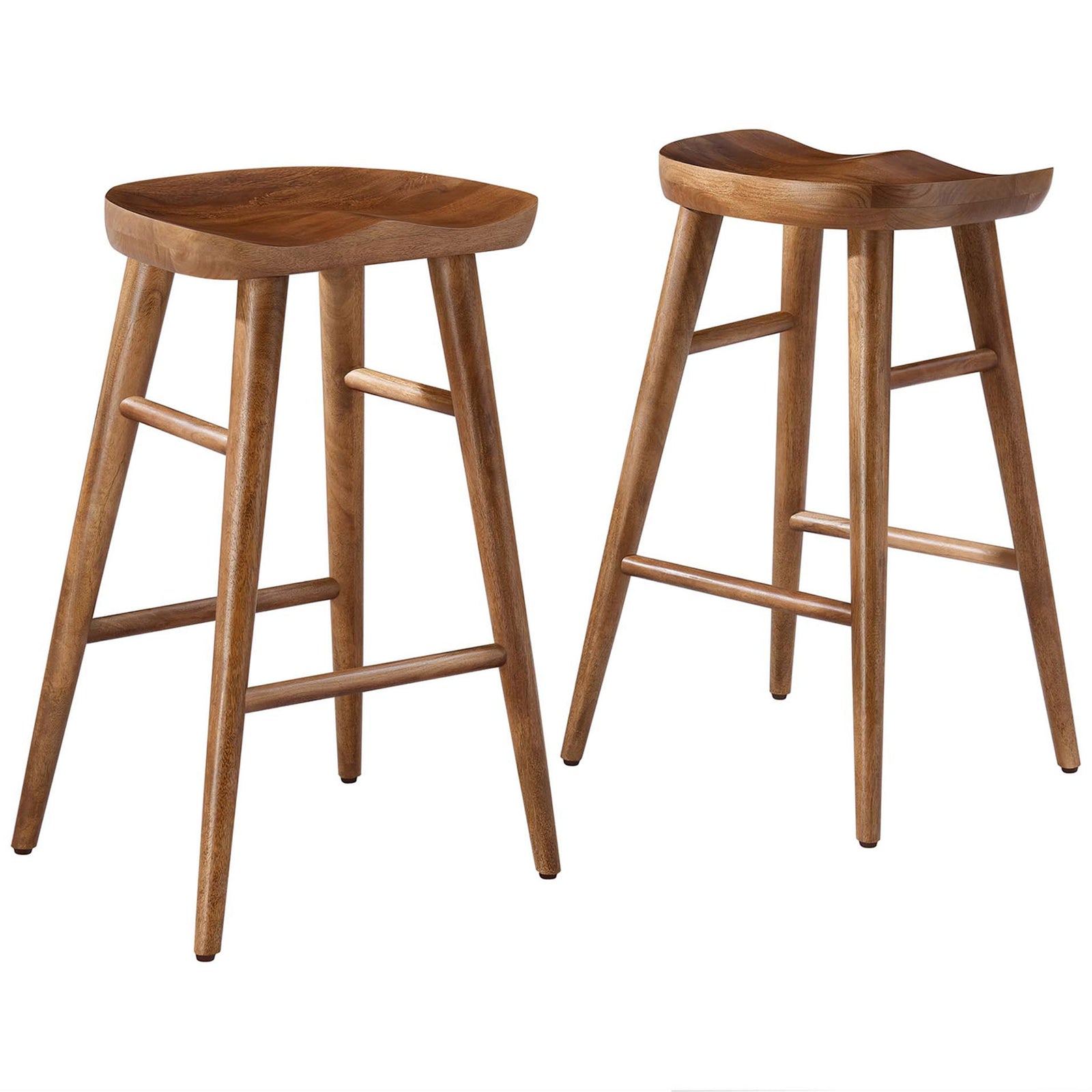 Pair of walnut mango wood counter stools with contoured saddle seats and tapered legs || EEI-6739-WAL || front_angle_multi_studio